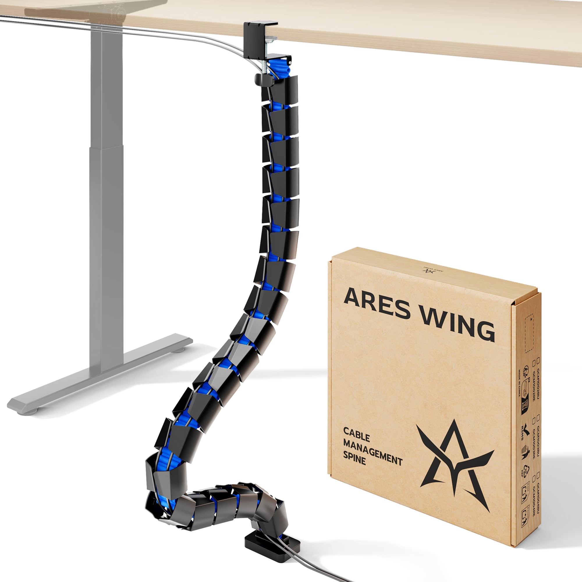 ARES WING Under Desk Cable Management Spine, Magnetic Vertebrae Cable Management for Standing Desk, Length Adjustable Cord Organizer with 20 Modular Vertebrae for Office and Gaming Desks, Red