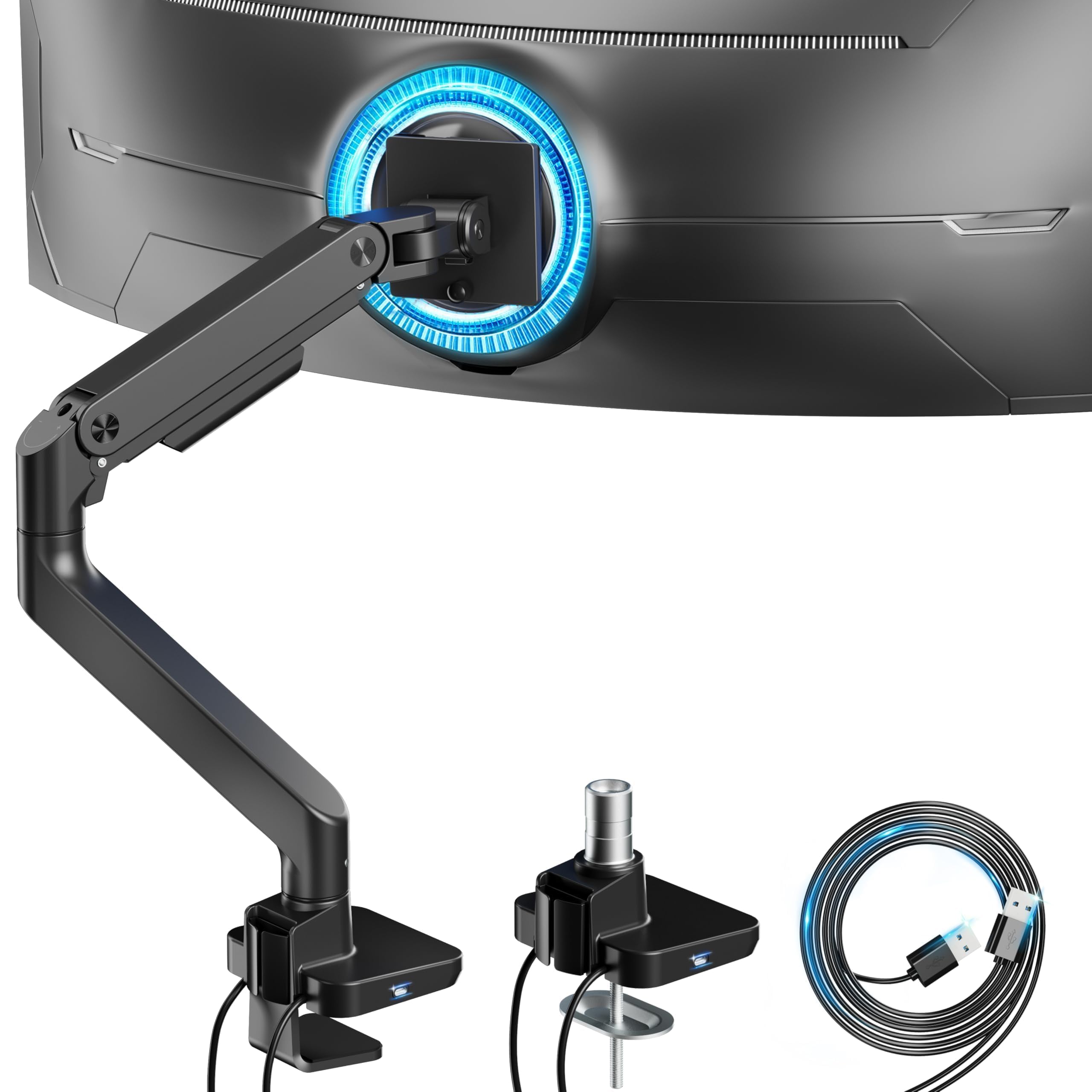 ARES WING Ultrawide Monitor Arm for 17 to 49 Inch Heavy Duty Curved Screen, Holds 44 Lbs, Adjustable Gas Spring Monitor Arm Desk Mount with C Clamp, Grommet Base, 75/100 Vesa Mount, Black