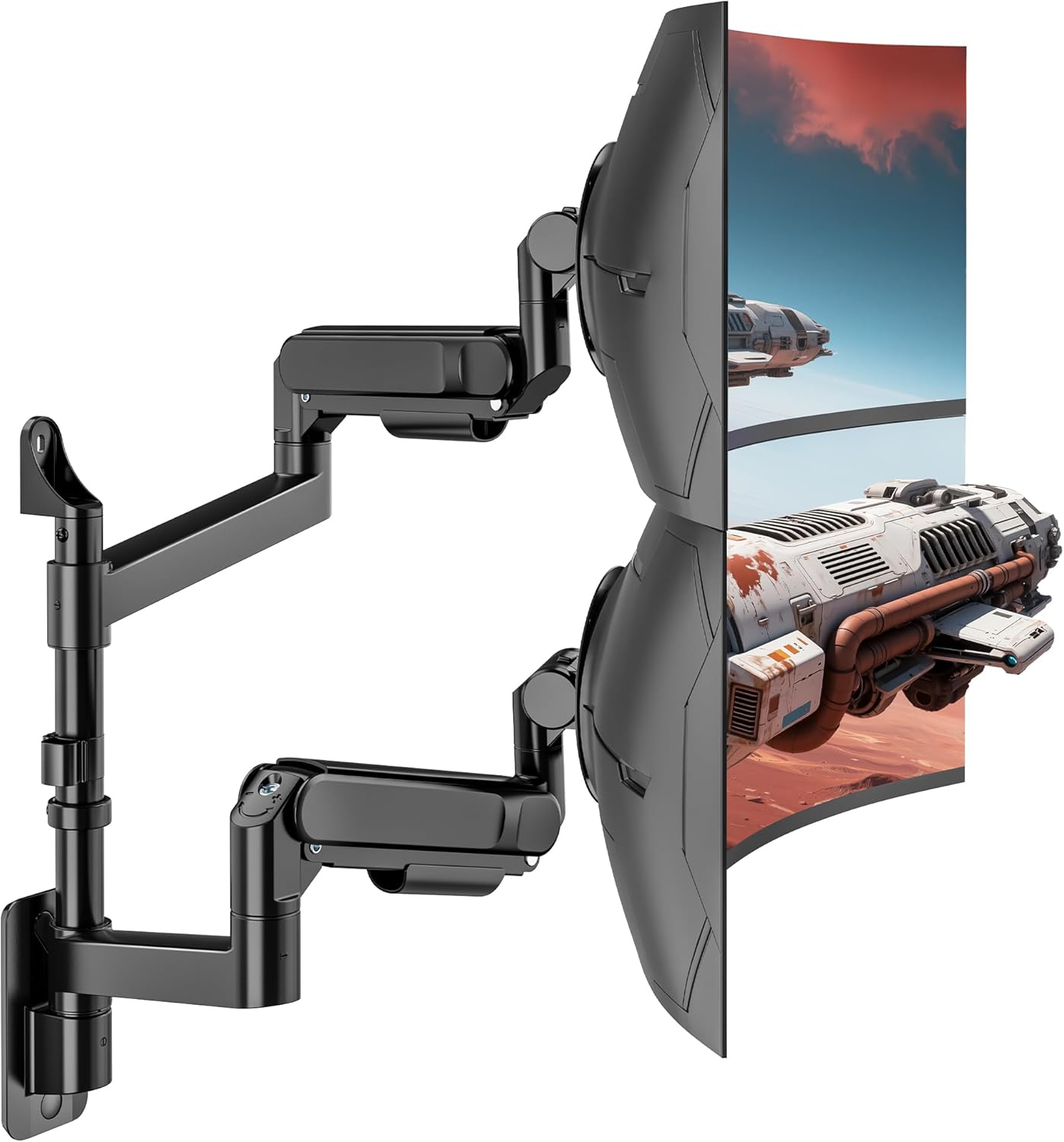 ARES WING Dual Monitor Wall Mount for 24-57 Inch Ultrawide Screens, Premium Heavy Duty Monitor Arm Holds 60 lbs, Full Motion Gas Spring, Bearing Head for Easy Adjustment, 75/100 VESA Mount, Black