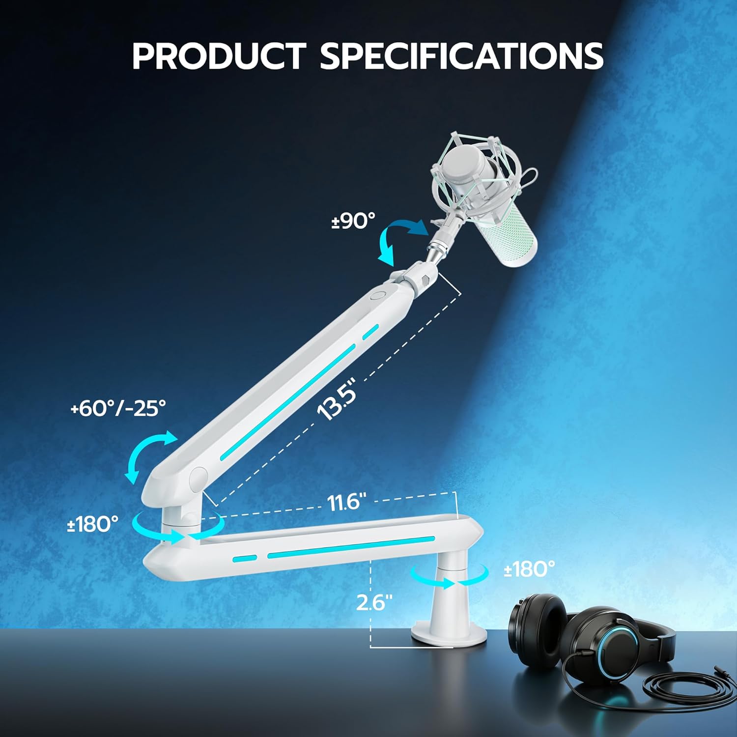 ARES WING Aluminum Low Profile Mic Arm with 4.4 lbs Load Capacity, Adjustable Microphone Boom Arm with 3/8” to 5/8” Screw Adapter, Desk Mount Mic Stand for Gaming Streaming Podcasting, White