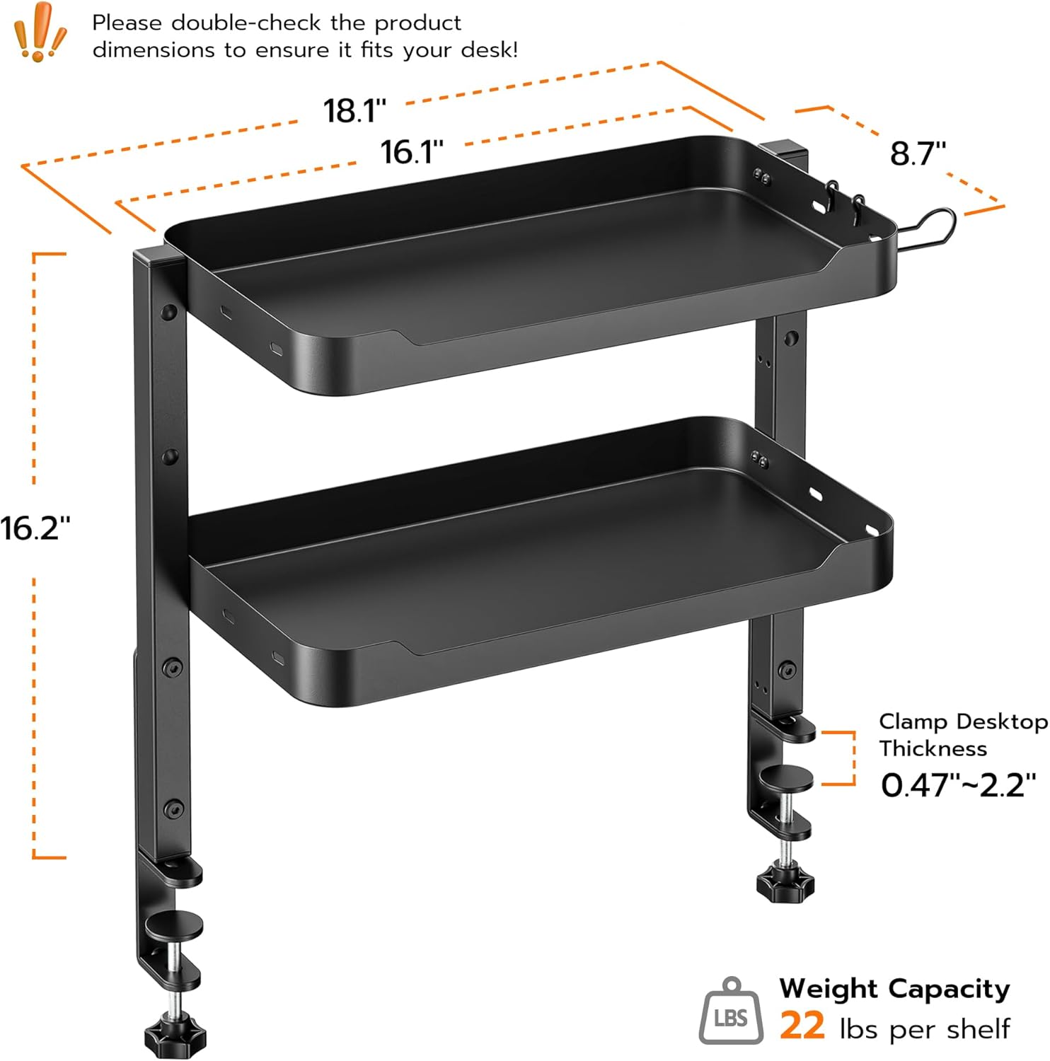 ARES WING 2-Tier Clamp On Desk Shelf, 16 inch Adjustable Above or Under Desk Storage Shelves Holds 44 lbs, Heavy Duty Desktop Organizer with Headphone Holder for Working and Gaming Accessories, Black