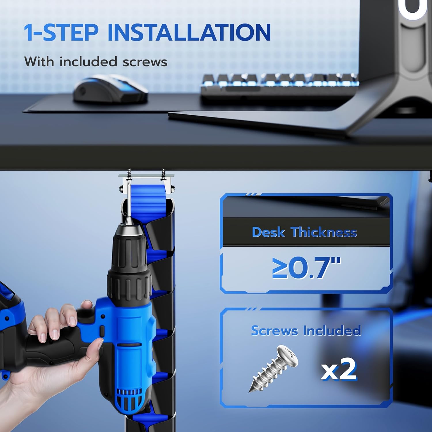 ARES WING Under Desk Cable Management Spine, Screw On Vertebrae Cable Management for Standing Desk, Length Adjustable Cord Organizer with 20 Modular Vertebrae for Office and Gaming Desks, Blue