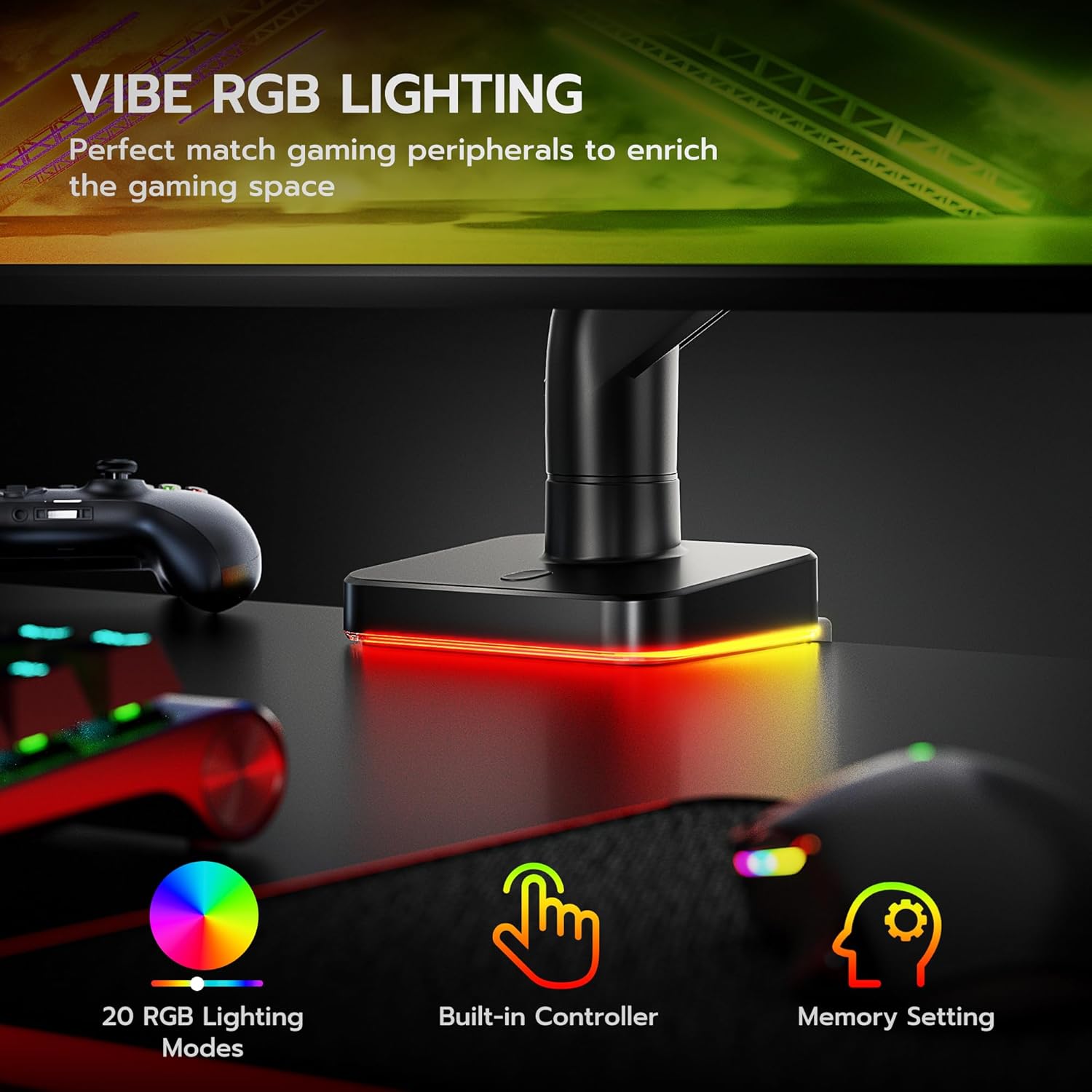 Ultrawide Monitor arm for 17-49'' Heavy Duty Screen up to 44lbs, Gas Spring Single Monitor Arm with RGB Light, Adjustable Gaming Computer Monitor Arm for Desk, Black