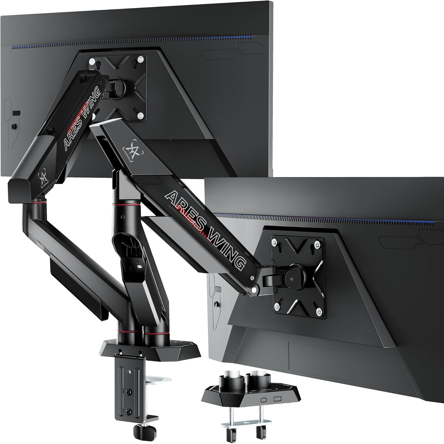 ARES WING Dual Monitor Arm for 17-35 Inch Flat Curved Ultrawide Screens Up to 26.5lbs, Fully Adjustable Dual Monitor Mount, C-Clamp & Grommet Base, 75/100 Vesa Mount, Black