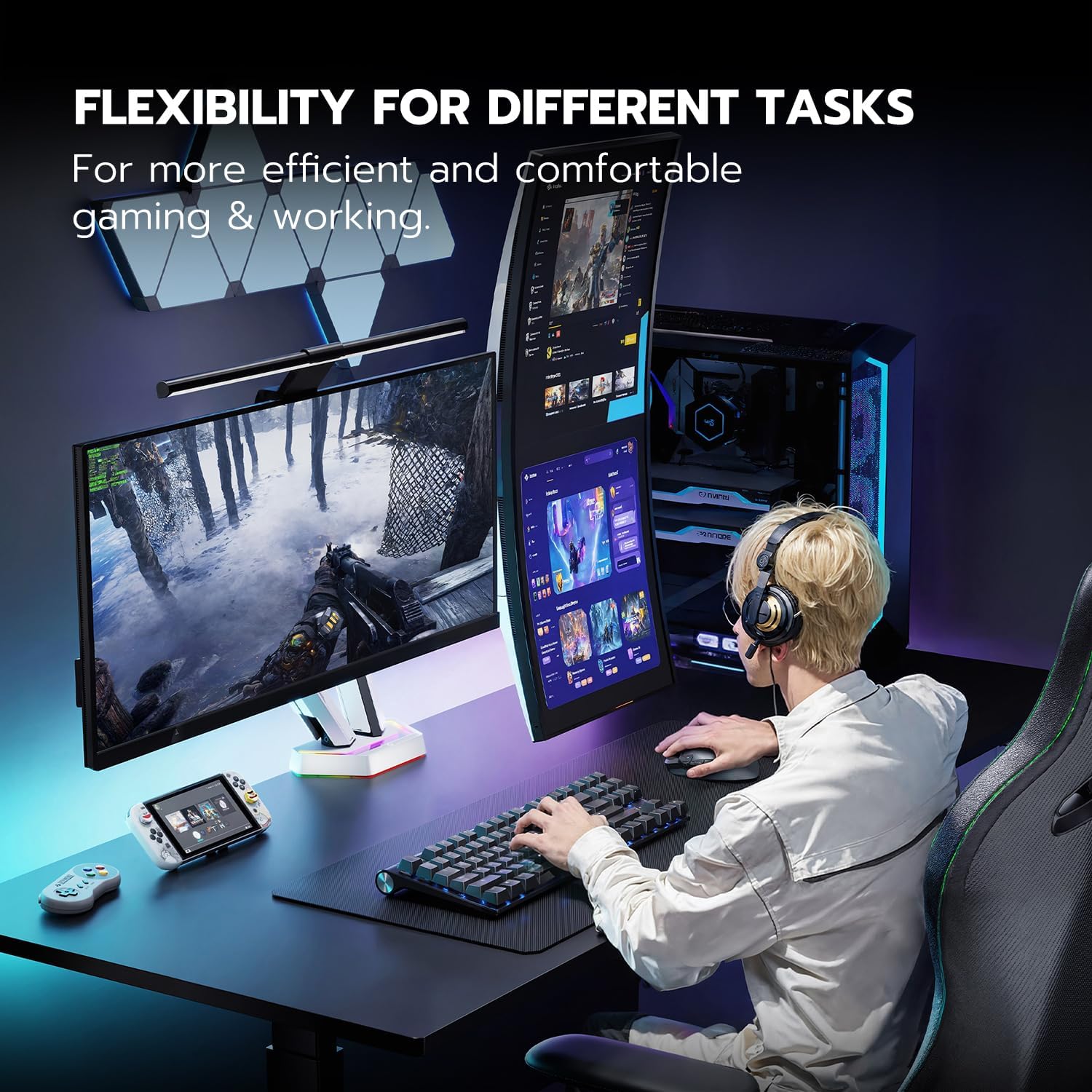 ARES WING RGB Dual Monitor Arm for 17-38" Ultrawide Screens, Holds 35.2lbs, Heavy Duty Dual Monitor Stand for Desk, Adjustable Double Monitor Mount with Clamp & Grommet Base, 75/100 VESA Mount, White