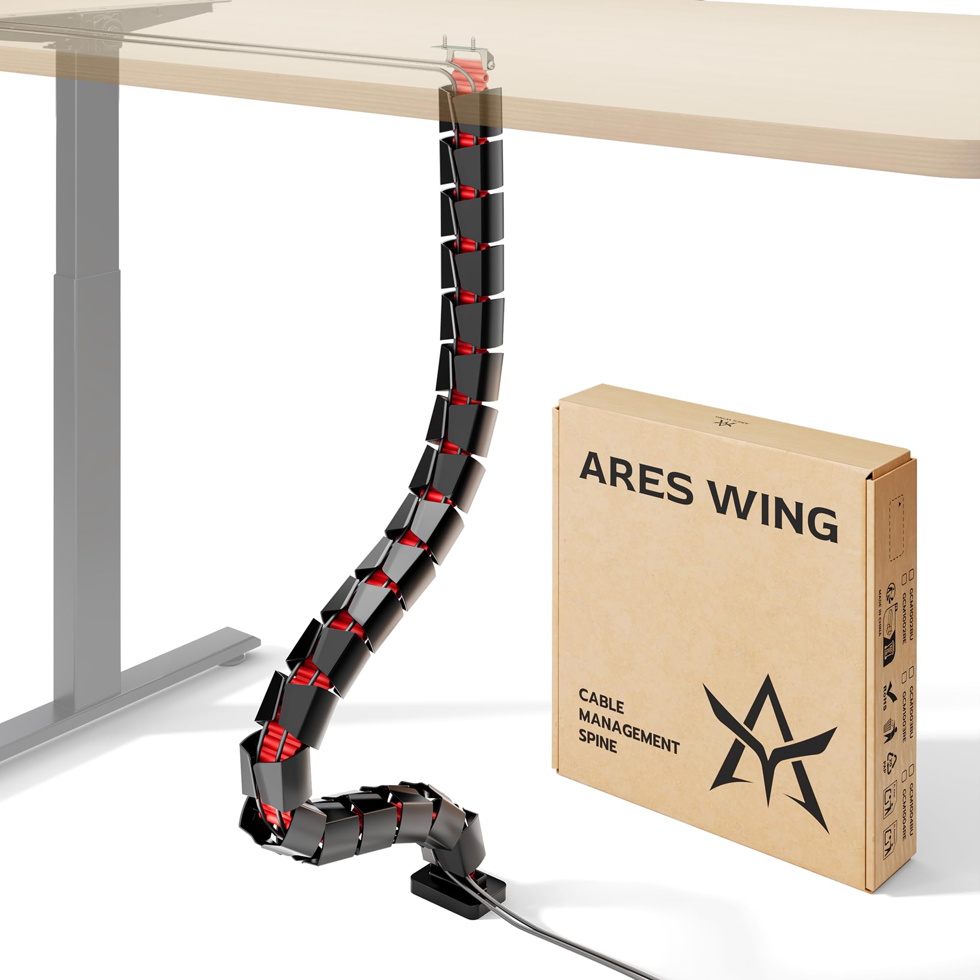 ARES WING Under Desk Cable Management Spine, Magnetic Vertebrae Cable Management for Standing Desk, Length Adjustable Cord Organizer with 20 Modular Vertebrae for Office and Gaming Desks, Red