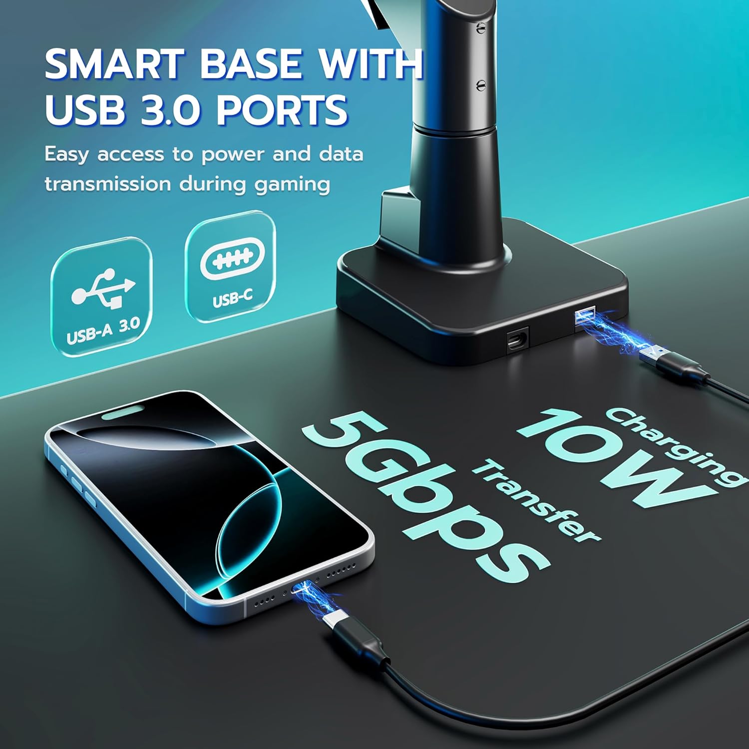 ARES WING Heavy Duty Ultrawide Monitor Arm - Gas Spring Aluminum Monitor Mount with USB for 24"-57" Curved Screens up to 66 lbs with Clamp/Grommet Desk Mount, 75/100/200 Vesa Mount, Black