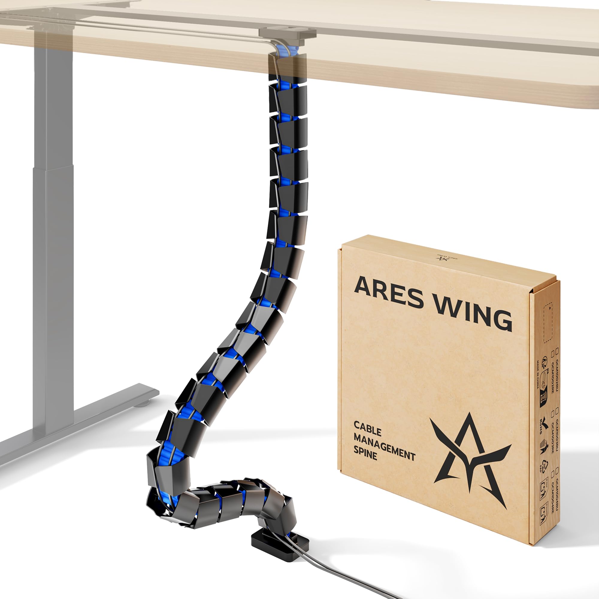 ARES WING Under Desk Cable Management Spine, Magnetic Vertebrae Cable Management for Standing Desk, Length Adjustable Cord Organizer with 20 Modular Vertebrae for Office and Gaming Desks, Red