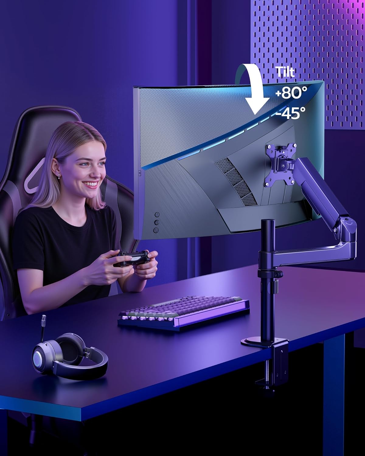 ARES WING Single Monitor Mount - Ultrawide Monitor Arm for 17 to 40 Inch Heavy Duty Curved Screen up to 26.4 lbs with Clamp/Grommet Desk Mount, 75/100 Vesa Mount, Black