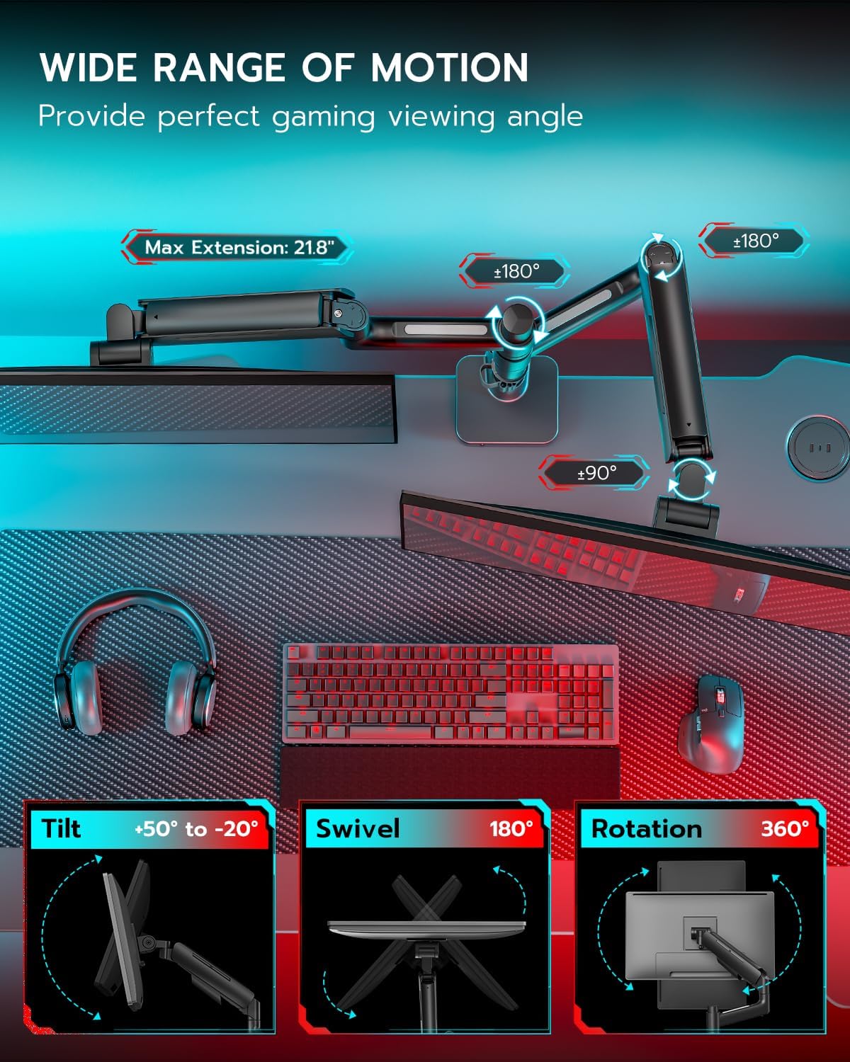 ARES WING Dual Monitor Mount for 17-49 Inch Ultrawide Heavy Duty Curved Screen Stacking, Computer Monitor Arm Desk Mount with USB, Gas Spring Adjustable Vesa Stand, Black