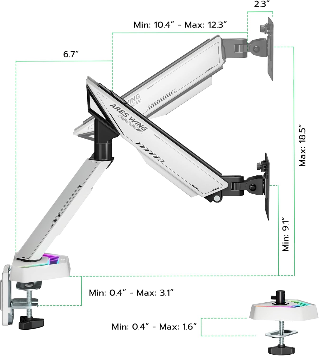 ARES WING RGB Single Monitor Arm Desk Mount for 17-45 inches Flat and Curved Monitors, Holds 35.2 lbs Heavy Duty, Adjustable Ultrawide Monitor Arm with Clamp & Grommet Base, 75/100 VESA Mount, White