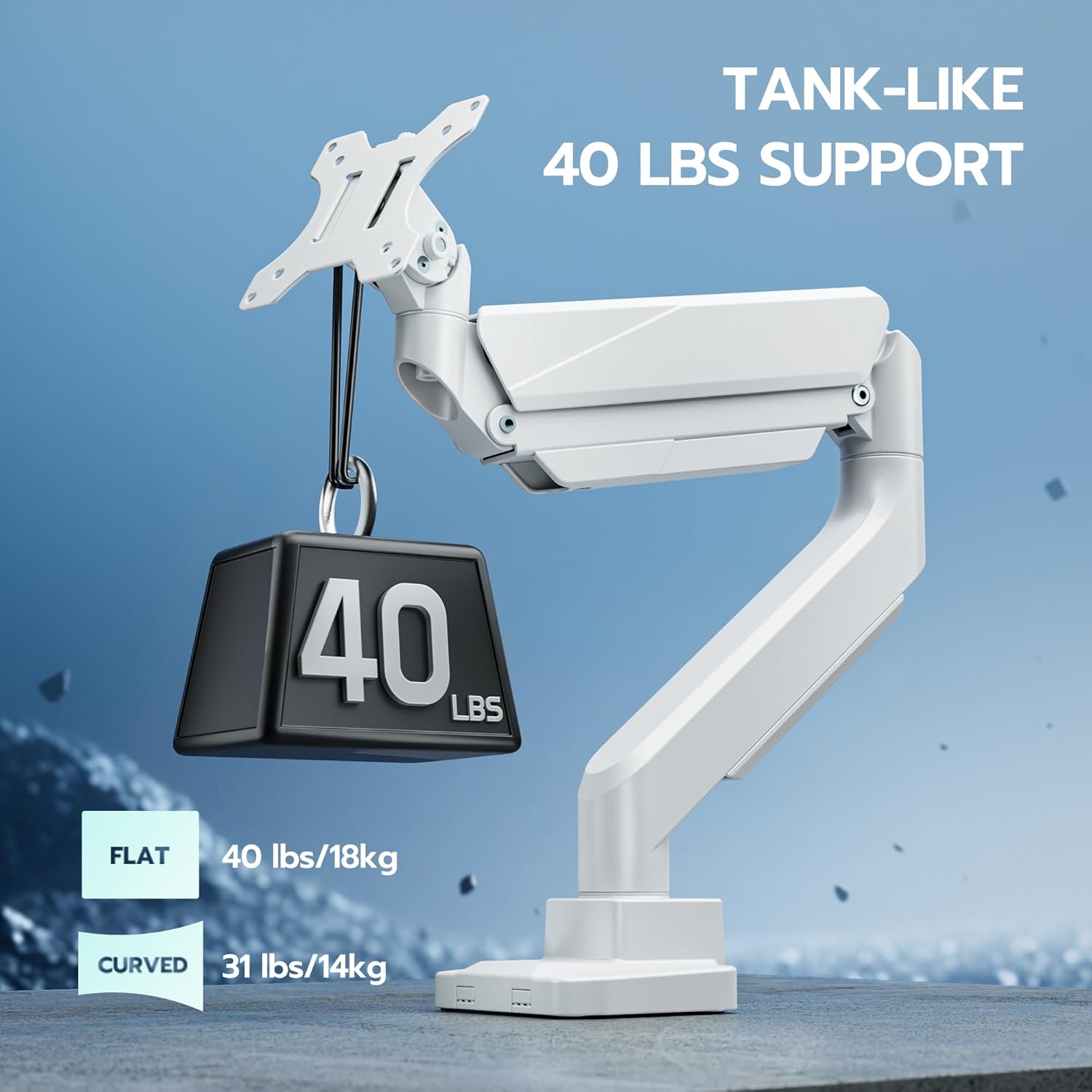 ARES WING Ultrawide Monitor Arm, Heavy Duty Single Monitor Mount for 13"-49" Curved Screens, Adjustable Stand for Desk with C-clamp & Grommet Base up to 40 LBS, White