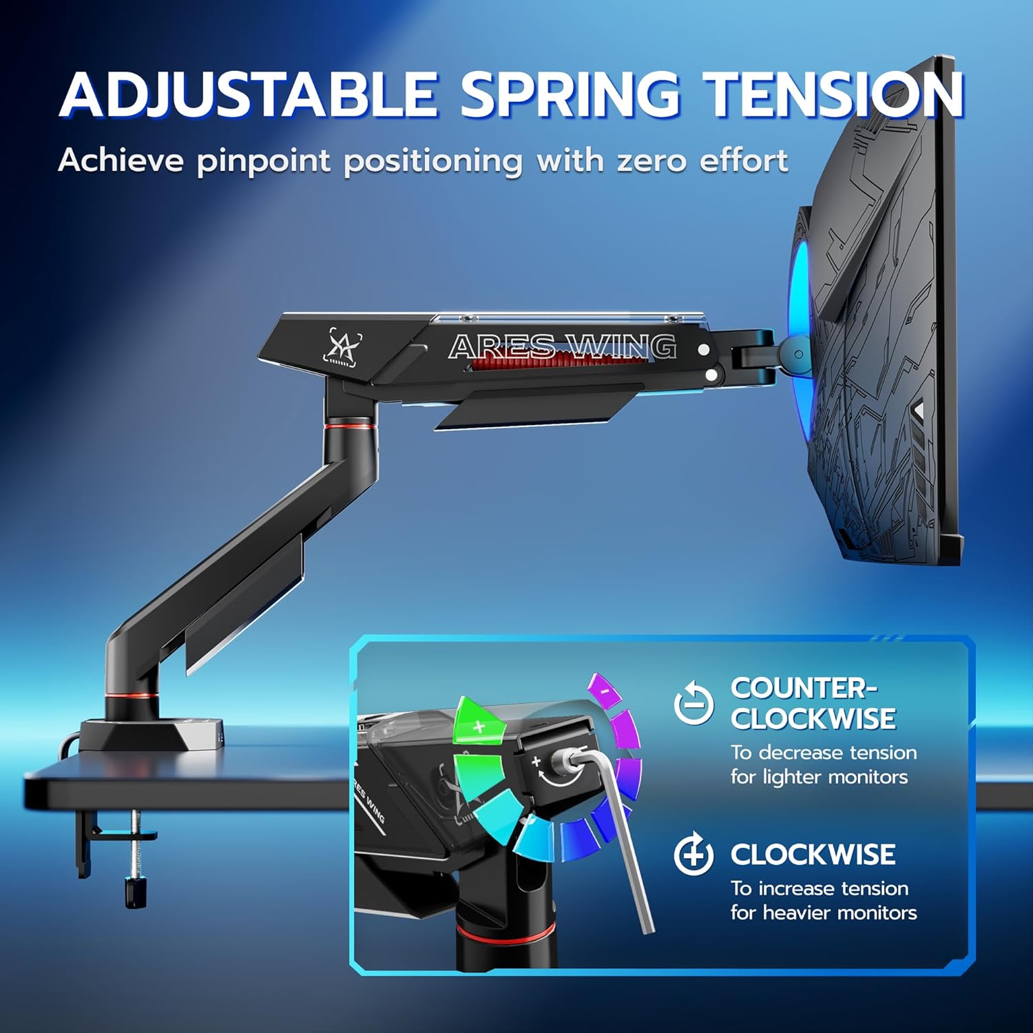 ARES WING Heavy Duty Single Monitor Arm, Fully Adjustable Single Monitor Mount for 17-40 Inch Flat Curved Ultrawide Screens Up to 26.5lbs with USB A/C, C-Clamp & Grommet Base, 75/100 Vesa Mount, Black