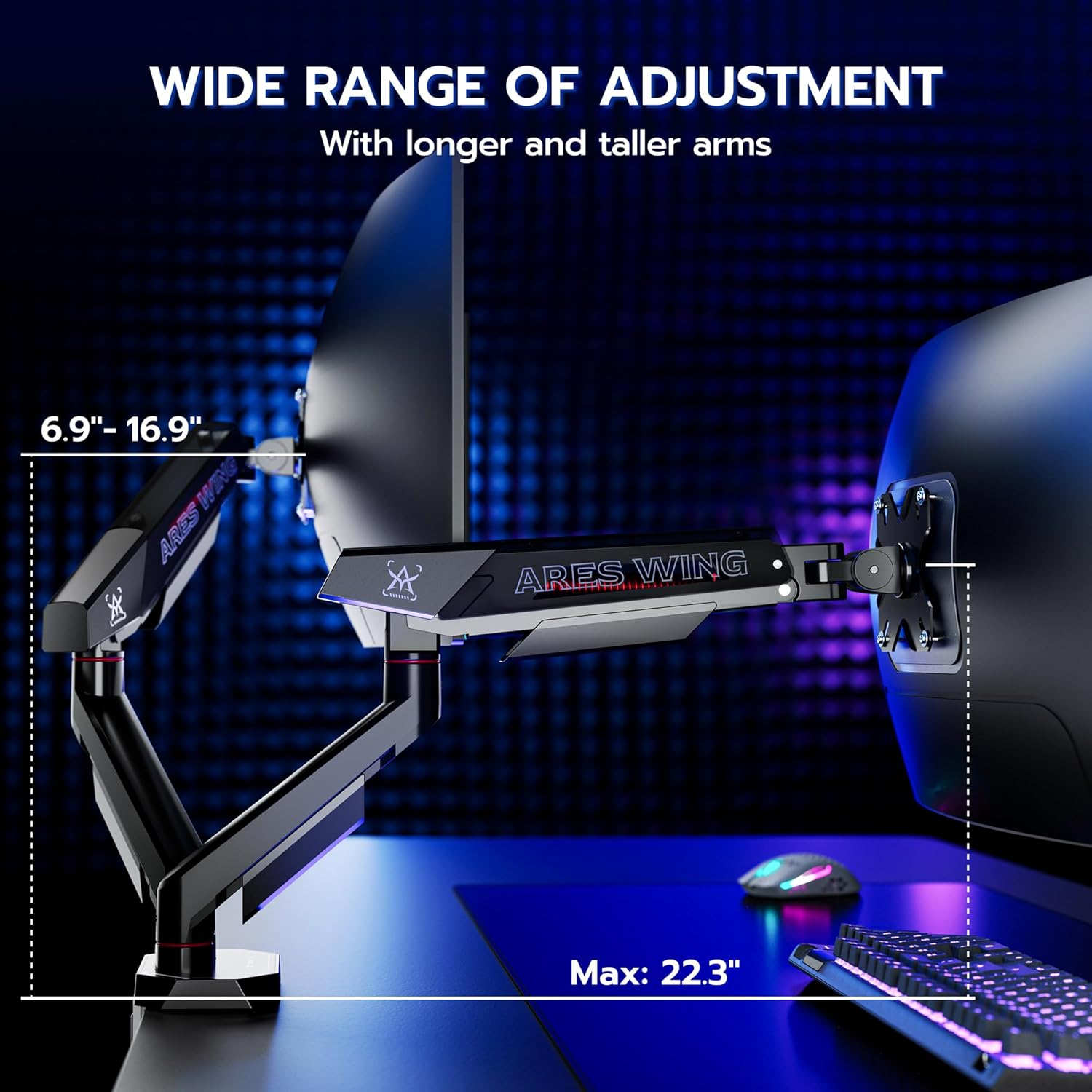 ARES WING Heavy Duty Dual Monitor Arm, Fully Adjustable Monitor Mount for 17-35 Inch Flat Curved Ultrawide Screens Up to 26.5lbs with USB A/C, C-Clamp & Grommet Base, 75/100 Vesa Mount, Black
