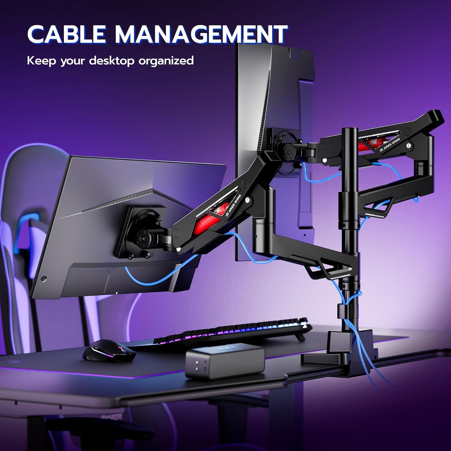 ARES WING Premium Monitor Arm, Ultrawide Monitor Stand up to 57'' and 60 Lbs per Screen, Heavy Duty Gas Sprinq Dual Monitor Mount Adjustable Arms, Various VESA Mount with Clamp/Grommet Base