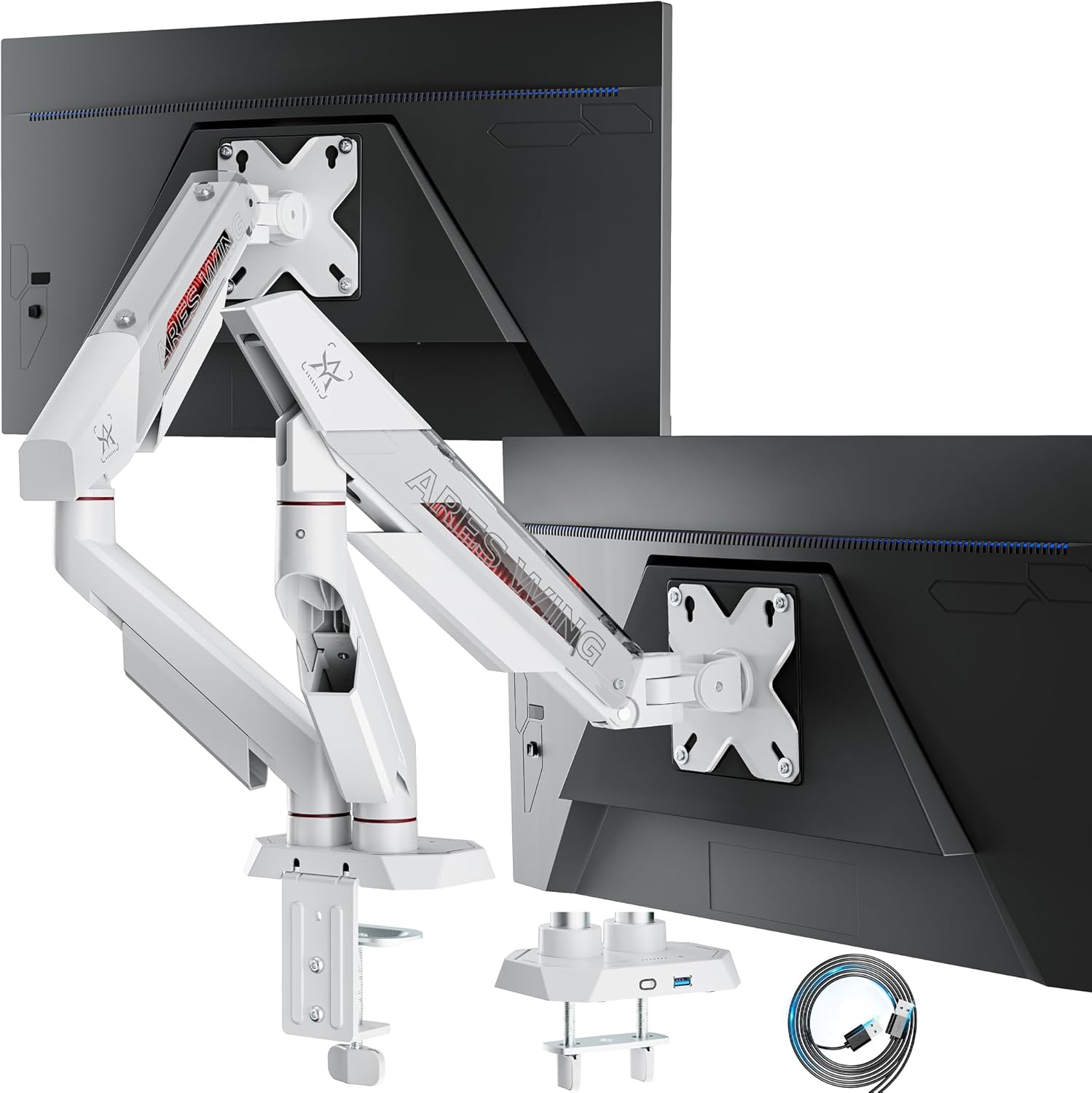ARES WING Heavy Duty Dual Monitor Arm, Fully Adjustable Monitor Mount for 17-35 Inch Flat Curved Ultrawide Screens Up to 26.5lbs with USB A/C, C-Clamp & Grommet Base, 75/100 Vesa Mount, White