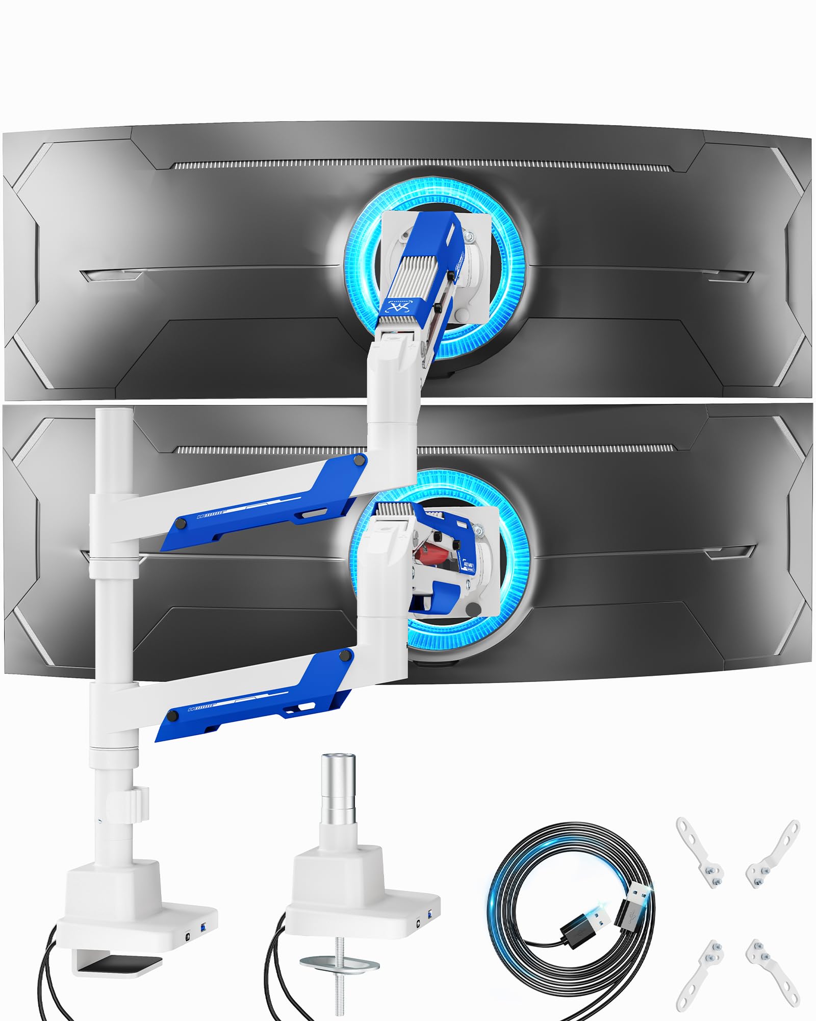 ARES WING Dual Monitor Mount, Adjustable Stacked Monitor Stand with USB A/C, Heavy Duty Gas Spring Monitor Desk Stand for 2 Monitors for 24-57 Inch Ultrawide Screen, 75/100/200 Vesa Mount, Black