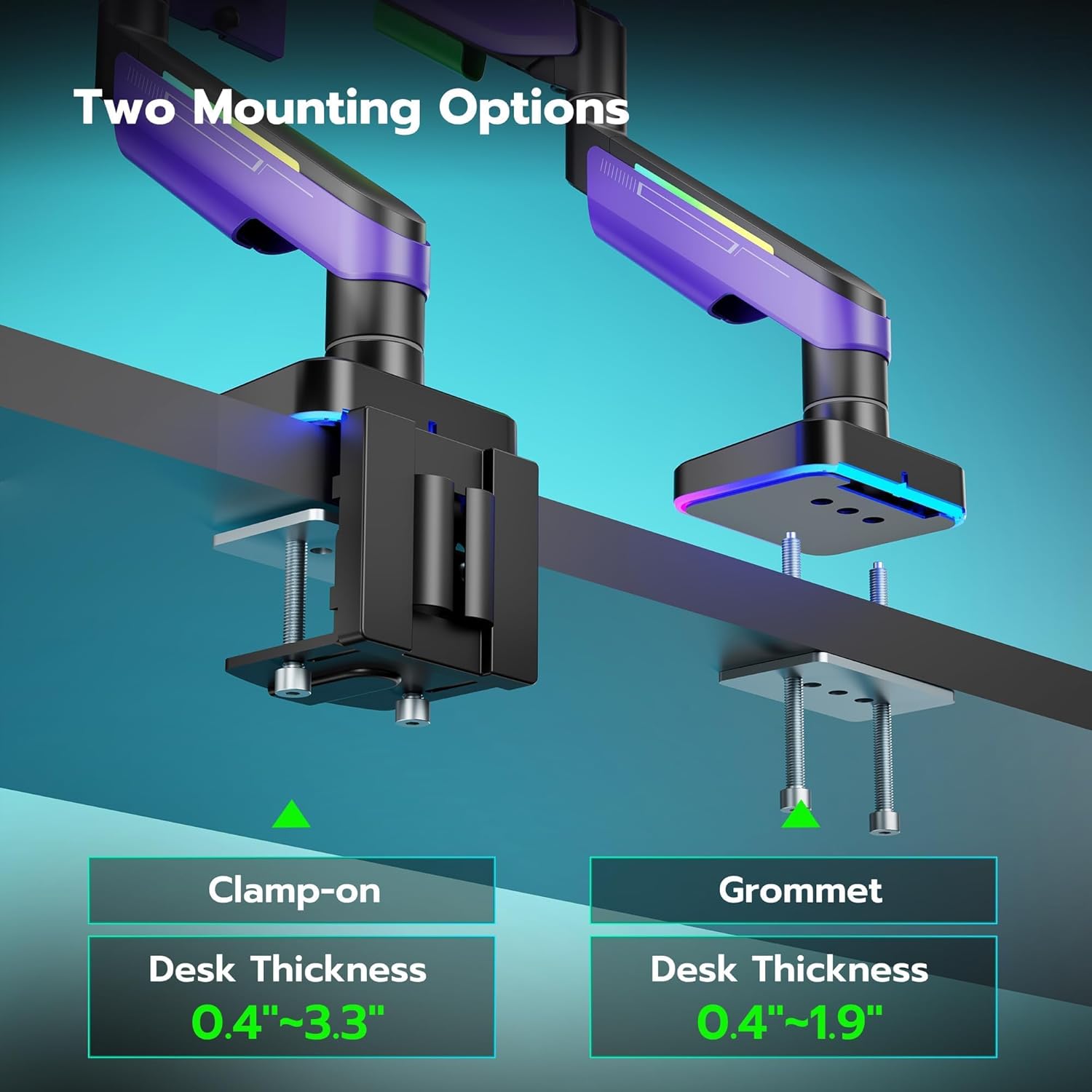 Ares Wing RGB Heavy Duty Monitor Arm for 17 to 49 Inch, up to 44 lbs, Ultrawide Curved Monitor Mount with Gas Spring for Desk, Purple, for Gaming