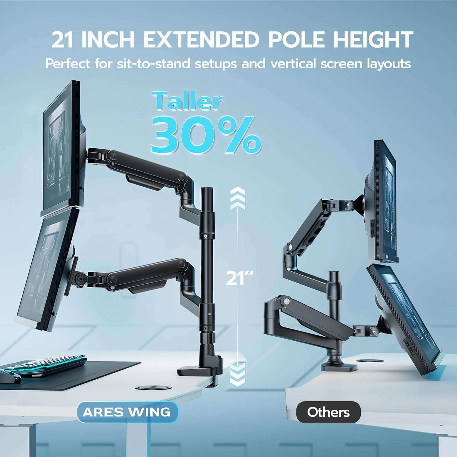 ARES WING Extra Tall Dual Monitor Arm Desk Mount for 17-49 inch Ultrawide Monitors, Heavy Duty Dual Monitor Stand Holds 44 lbs, Full Motion Vertical Stacked Monitor Mount, 75/100 VESA Mount, Black