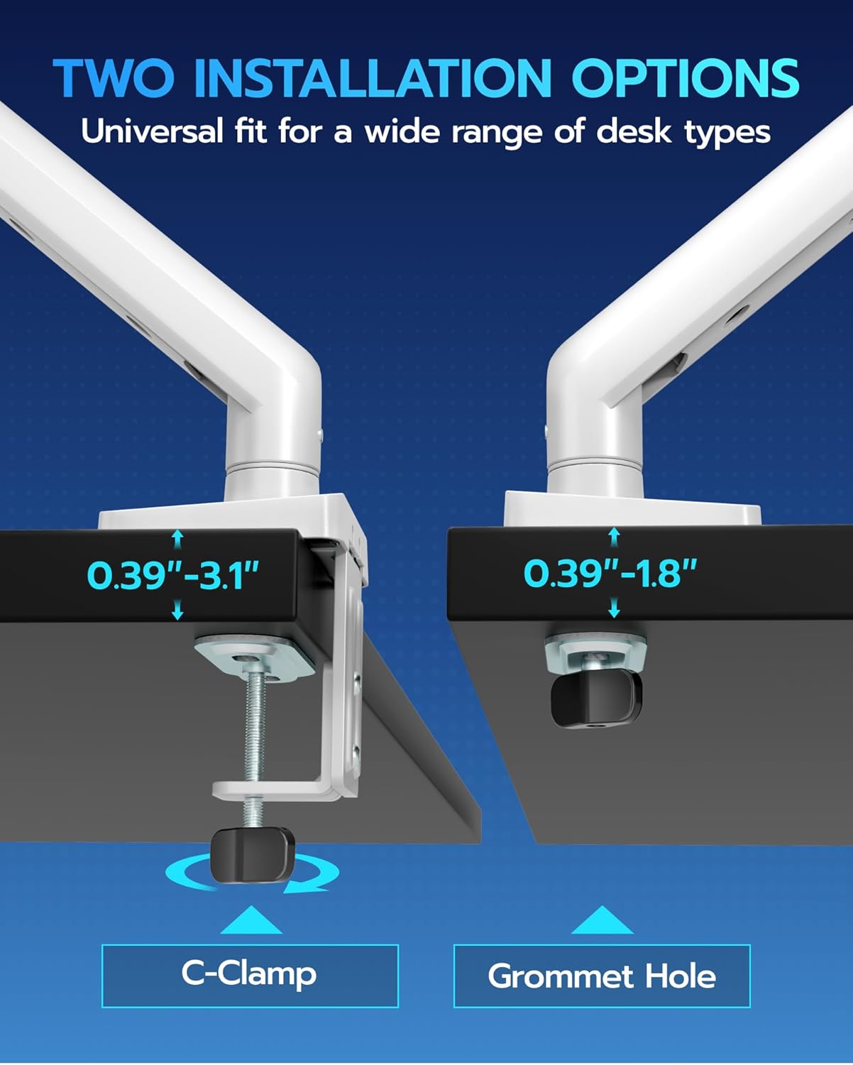 ARES WING Heavy Duty Single Monitor Arm - Fully Adjustable Monitor Mount for 17"-40" Ultrawide Screens up to 26.4 lbs with Clamp/Grommet Desk Mount and USB A/C, 75/100 Vesa Mount, White