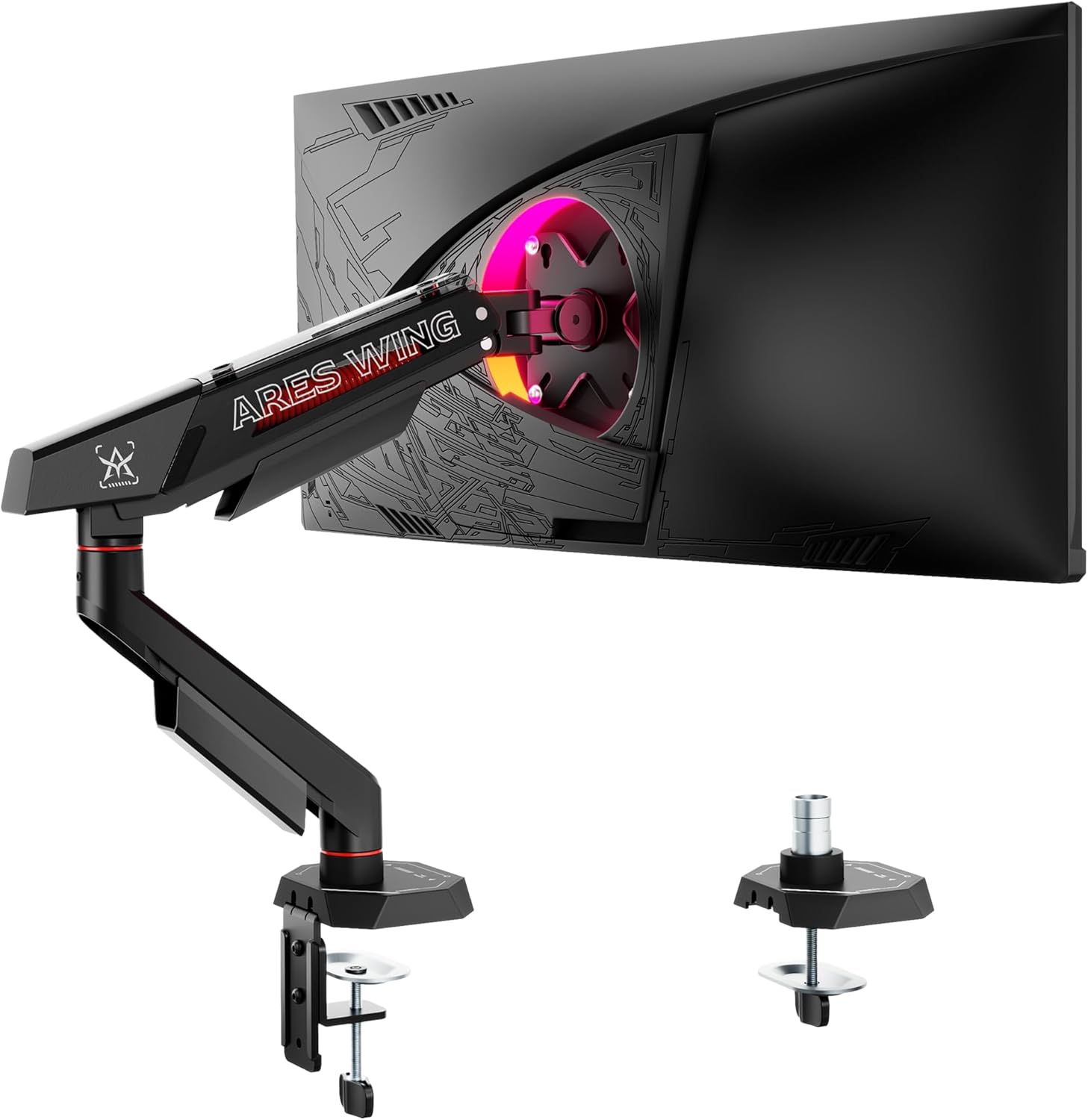 ARES WING Single Monitor Arm for 17-40 Inch Flat Curved Ultrawide Screens Up to 26.5lbs, Fully Adjustable Single Monitor Mount, C-Clamp & Grommet Base, 75/100 Vesa Mount, Black