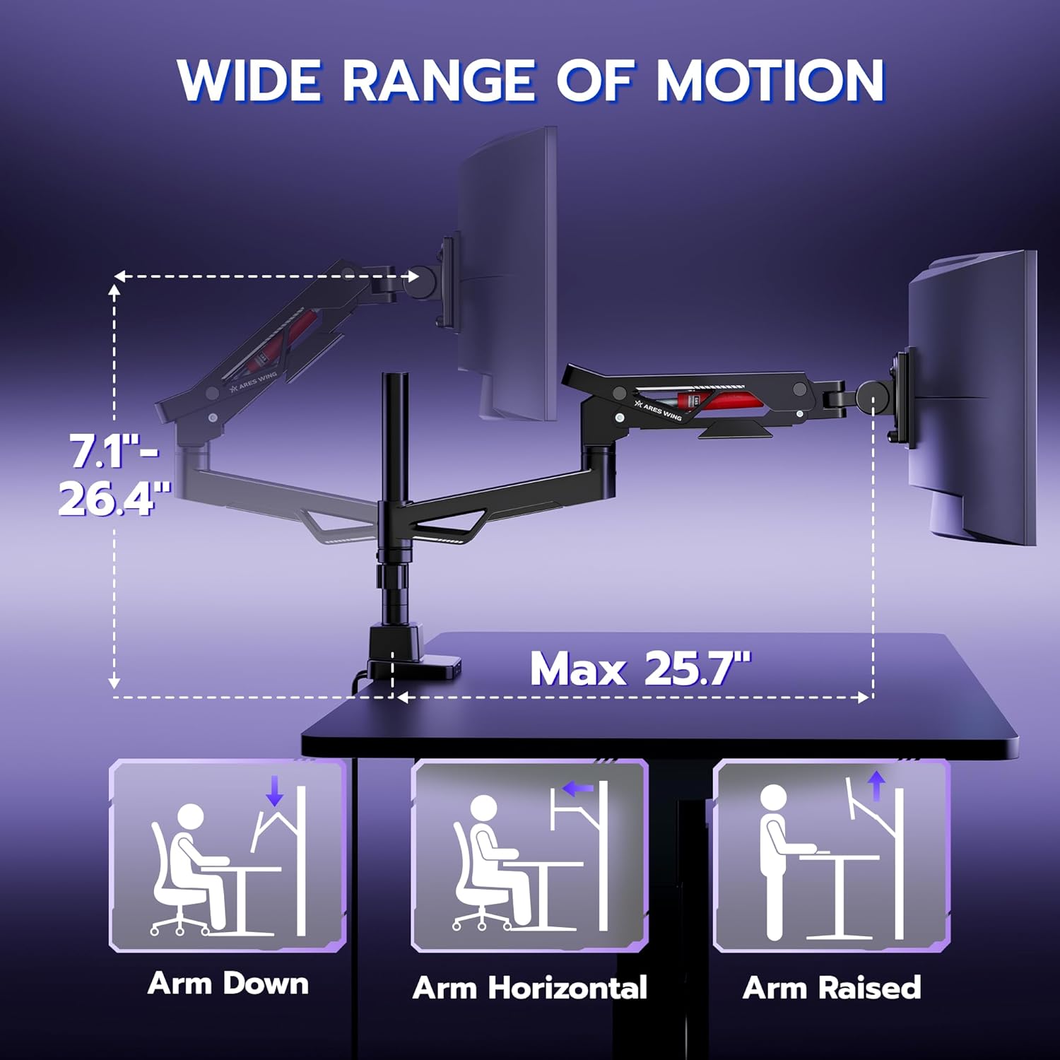 ARES WING Heavy Duty Monitor Arm, Ultrawide Monitor Stand up to 57“ and 66 Lbs, Gas Sprinq Monitor Mount with USB, Height Adjustable Arms Monitor Stand, Various VESA Mount with Clamp/Grommet Base