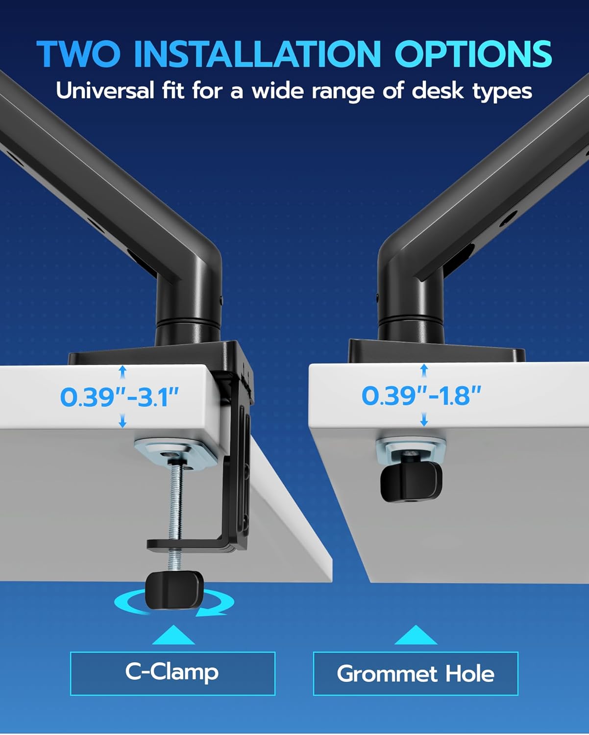 ARES WING Heavy Duty Single Monitor Arm - Fully Adjustable Monitor Mount for 17"-40" Ultrawide Screens up to 26.4 lbs with Clamp/Grommet Desk Mount and USB A/C, 75/100 Vesa Mount, Black