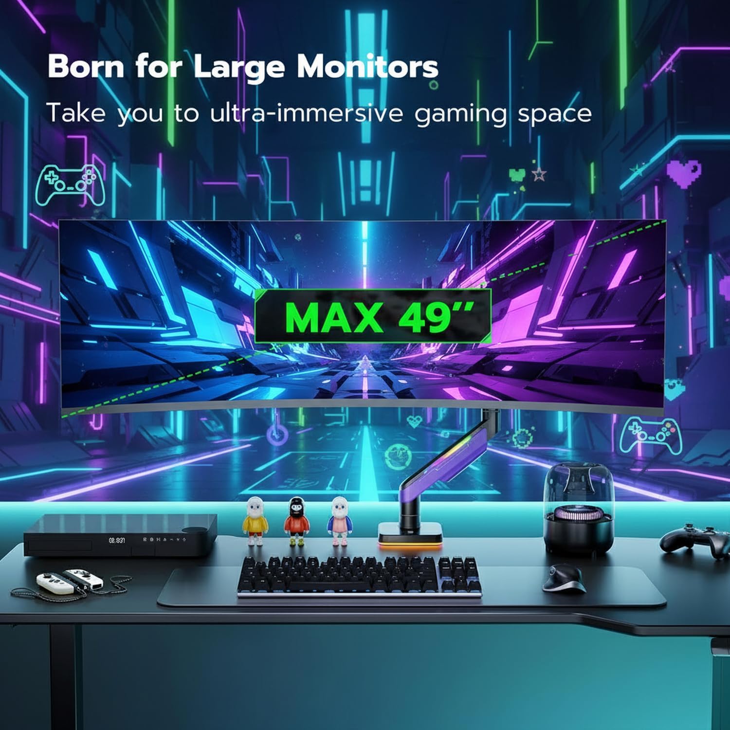 Ares Wing RGB Heavy Duty Monitor Arm for 17 to 49 Inch, up to 44 lbs, Ultrawide Curved Monitor Mount with Gas Spring for Desk, Purple, for Gaming