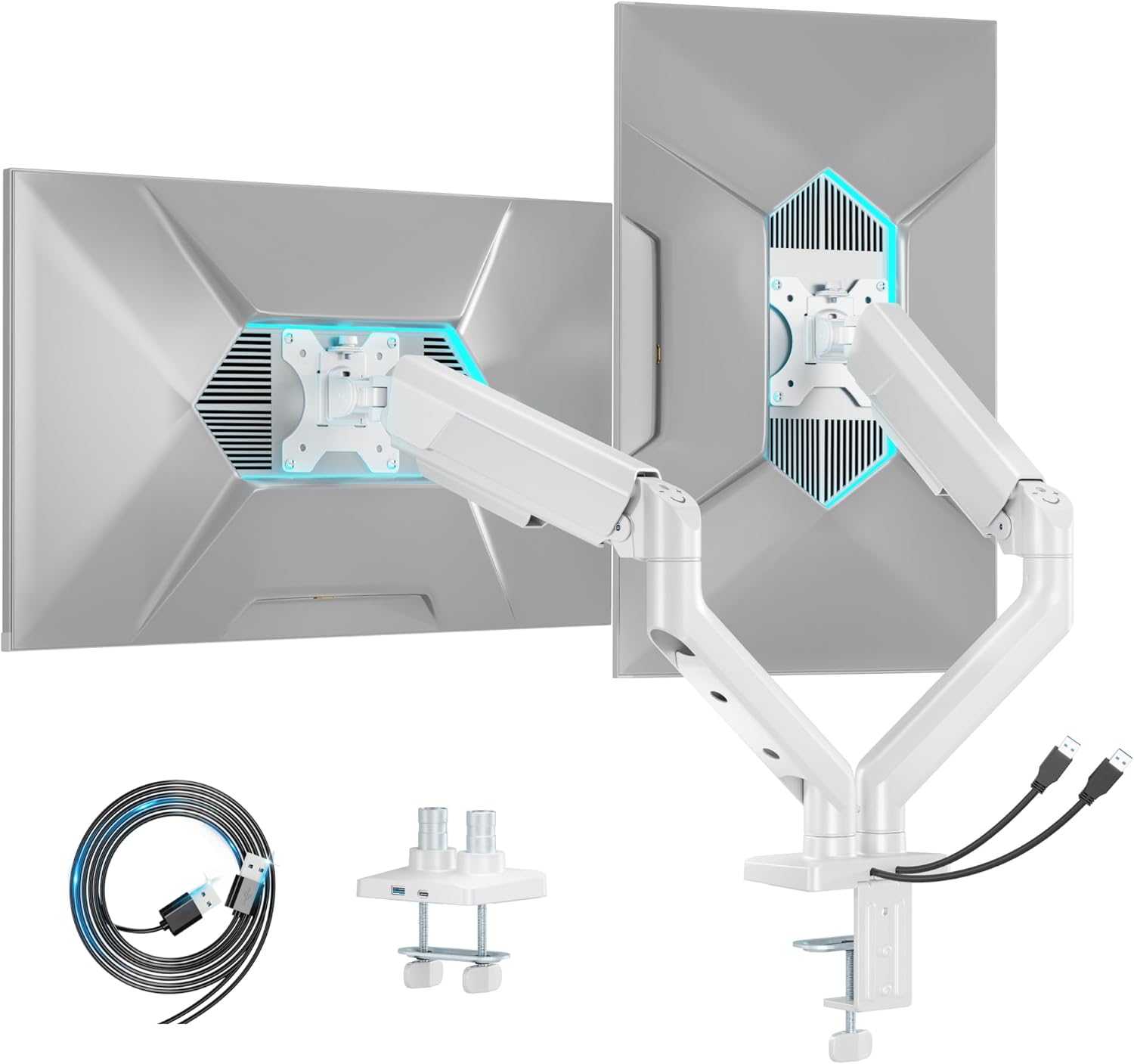 ARES WING Dual Monitor Mount, Heavy Duty Monitor Arms for 2 Monitors for 17-35 inch, Fully Adjustable Monitor Desk Stand with USB A/C for Ultrawide Screen, VESA 75x75 or 100x100mm, White