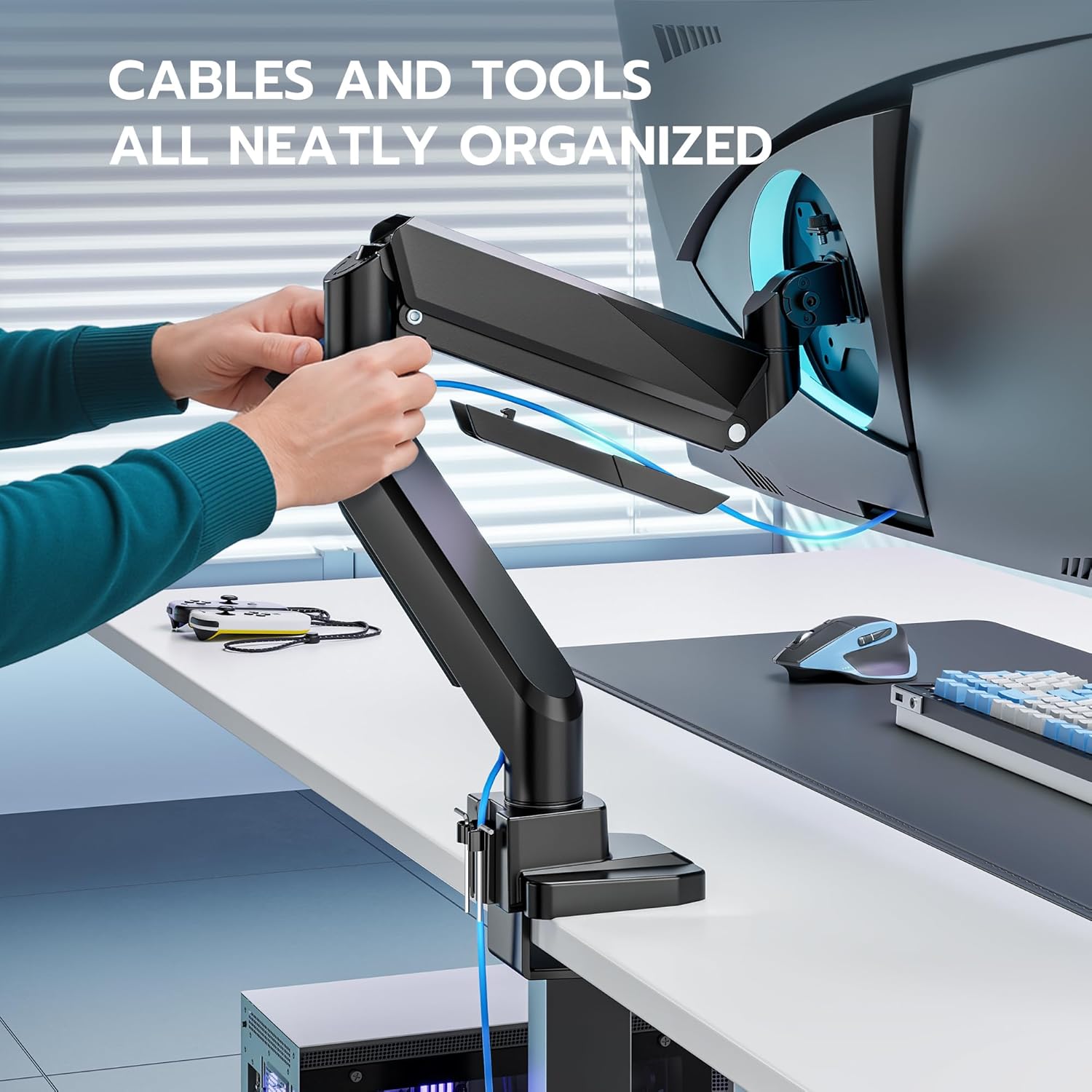 ARES WING Single Monitor Arm, Heavy Duty Adjustable Monitor Arm for 13"-49" Screens with USB, Gas Spring Desk Mount Stand with C Clamp/Grommet Mounting Base up to 40lbs Computer, Black