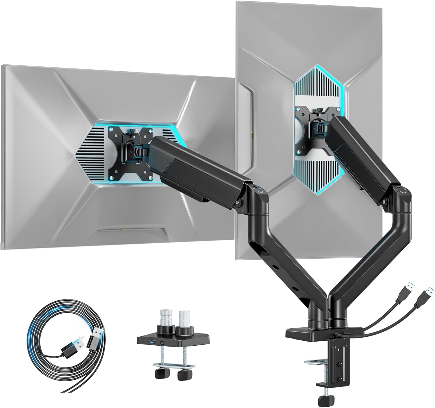 ARES WING Dual Monitor Mount, Heavy Duty Monitor Arms for 2 Monitors for 17-35 inch, Fully Adjustable Monitor Desk Stand with USB A/C for Ultrawide Screen, VESA 75x75 or 100x100mm, Black