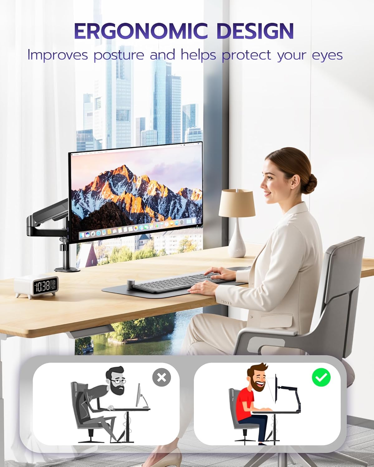 ARES WING Single Monitor Mount - Ultrawide Monitor Arm for 17 to 40 Inch Heavy Duty Curved Screen up to 26.4 lbs with Clamp/Grommet Desk Mount, 75/100 Vesa Mount, Black