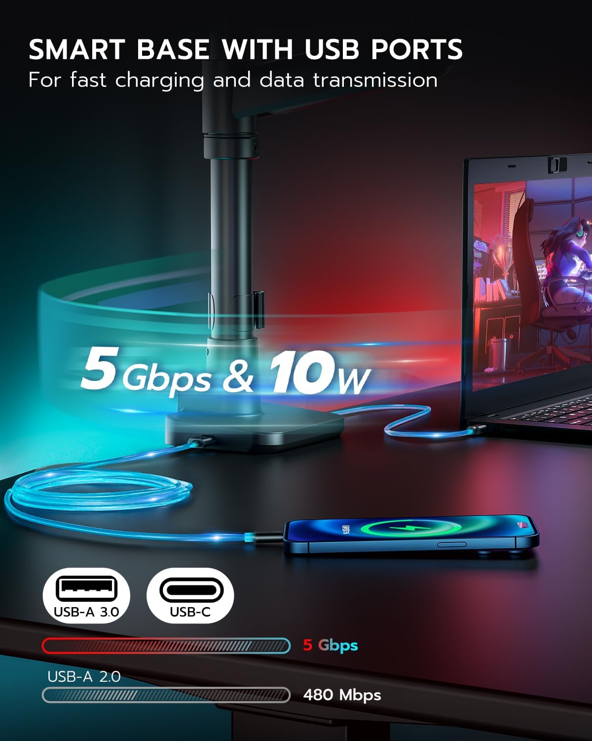 ARES WING Dual Monitor Mount for 17-49 Inch Ultrawide Heavy Duty Curved Screen Stacking, Computer Monitor Arm Desk Mount with USB, Gas Spring Adjustable Vesa Stand, Black