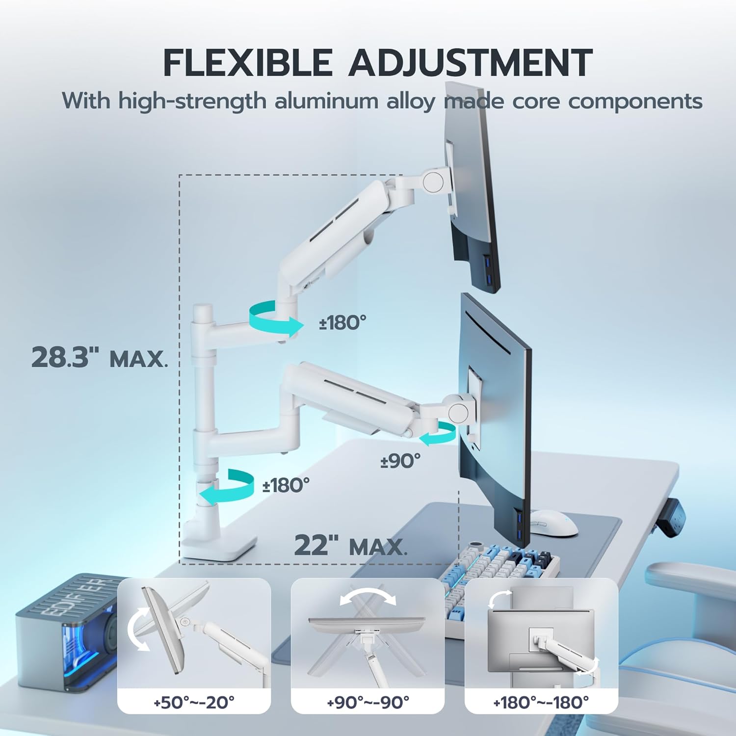 ARES WING Dual Monitor Mount for 17-49 Inch Ultrawide Heavy Duty Curved Screen, Computer Monitor Arm Desk Mount, Gas Spring Adjustable Dual Monitor Stand for Desk, White