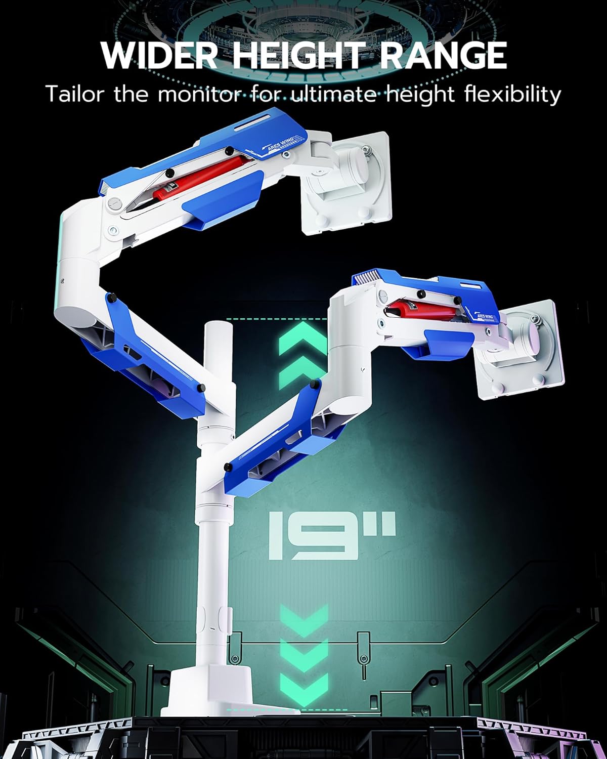 ARES WING Dual Monitor Mount, Adjustable Stacked Monitor Stand with USB A/C, Heavy Duty Gas Spring Monitor Desk Stand for 2 Monitors for 24-57 Inch Ultrawide Screen, 75/100/200 Vesa Mount, White