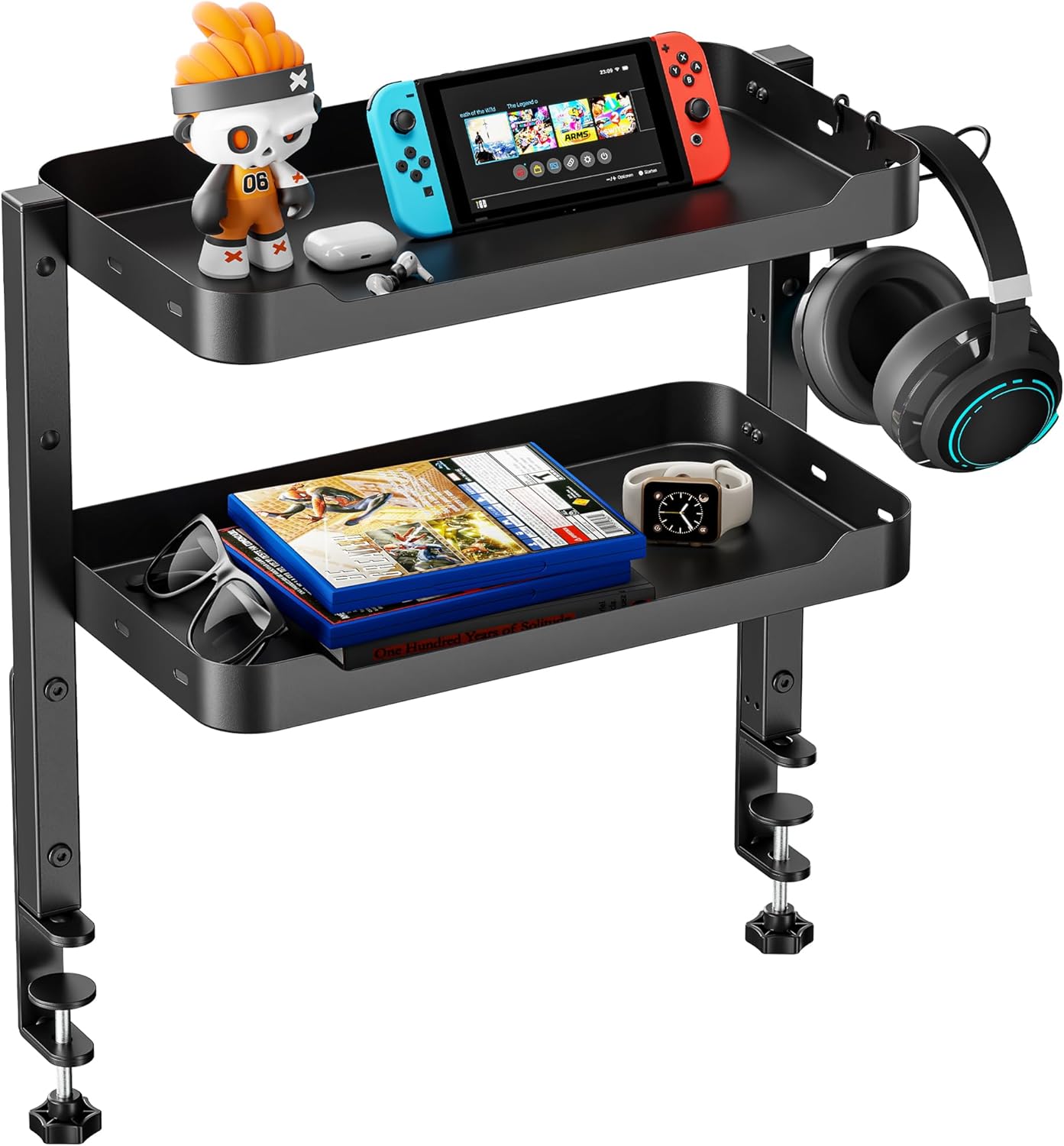 ARES WING 2-Tier Clamp On Desk Shelf, 16 inch Adjustable Above or Under Desk Storage Shelves Holds 44 lbs, Heavy Duty Desktop Organizer with Headphone Holder for Working and Gaming Accessories, Black