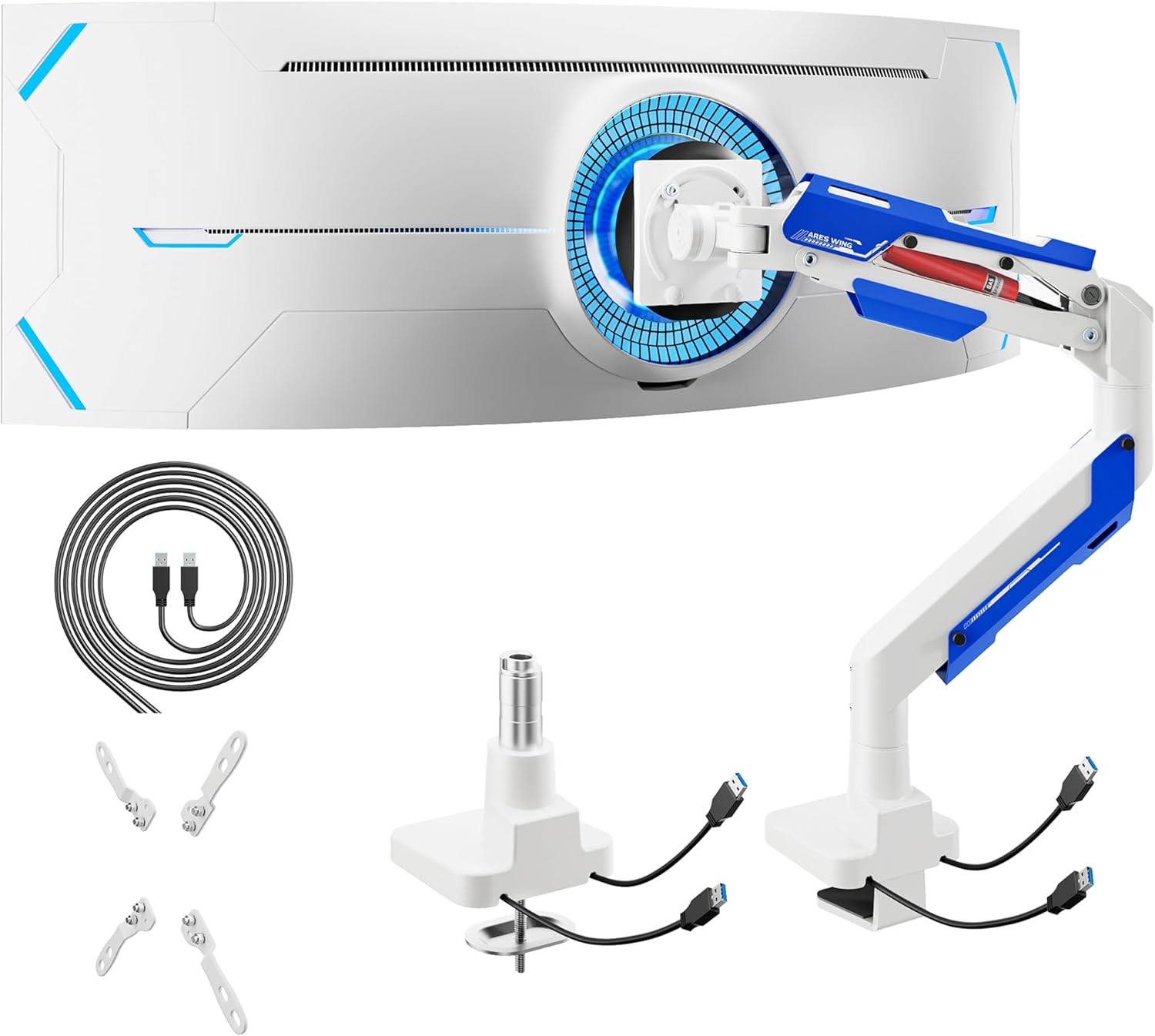 ARES WING Heavy Duty Ultrawide Monitor Arm - Gas Spring Aluminum Monitor Mount with USB for 24"-57" Curved Screens up to 66 lbs with Clamp/Grommet Desk Mount, 75/100/200 Vesa Mount, White