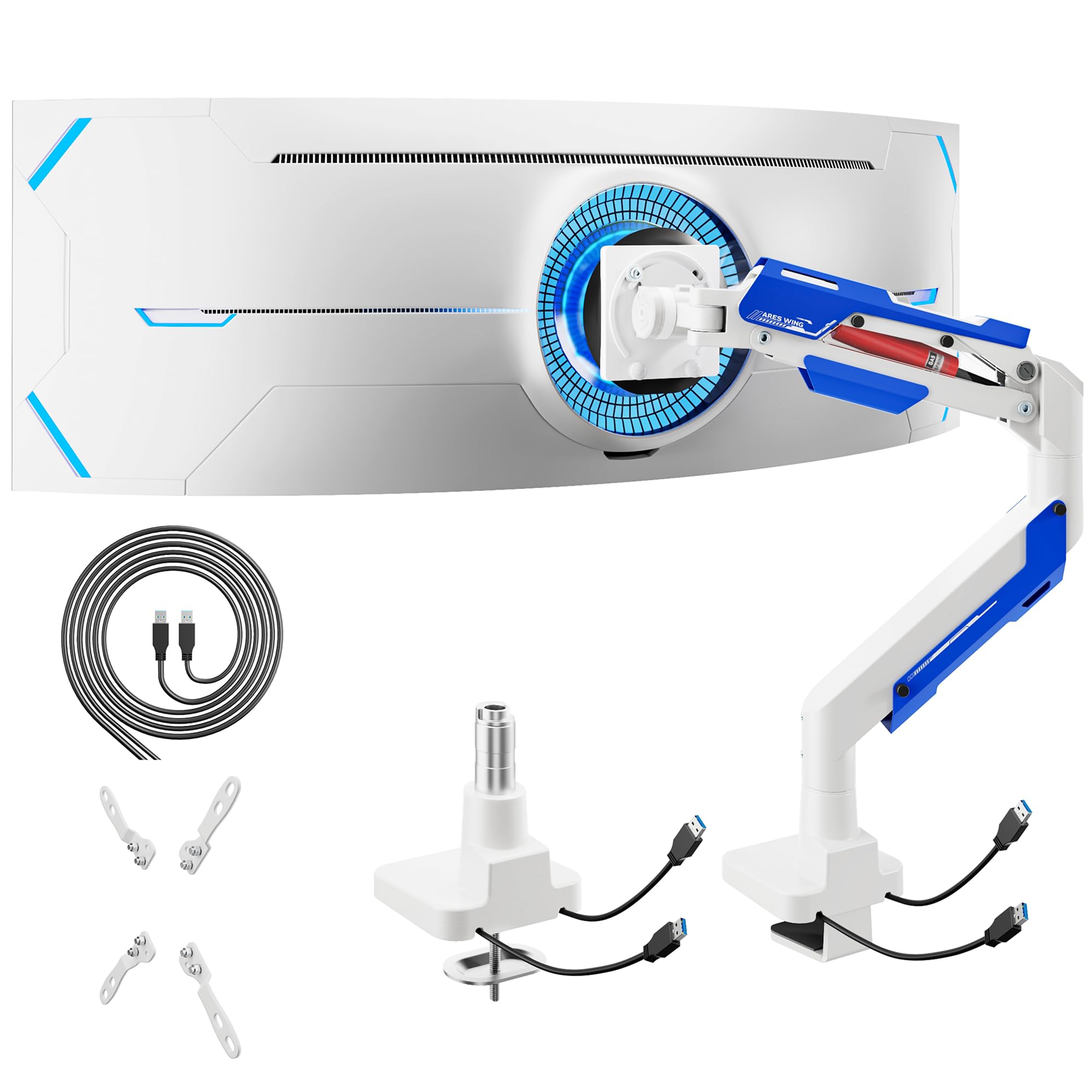 ARES WING Heavy Duty Ultrawide Monitor Arm - Gas Spring Aluminum Monitor Mount with USB for 24"-57" Curved Screens up to 66 lbs with Clamp/Grommet Desk Mount, 75/100/200 Vesa Mount, Black