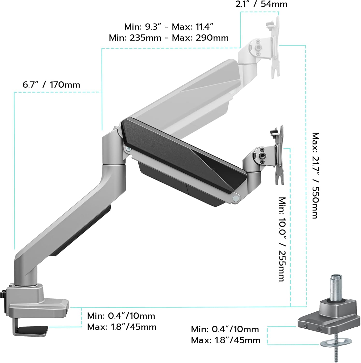 ARES WING Ultrawide Monitor Arm, Heavy Duty Single Monitor Mount for 13"-49" Curved Screens, Adjustable Stand for Desk with C-clamp & Grommet Base up to 40 LBS, Gray
