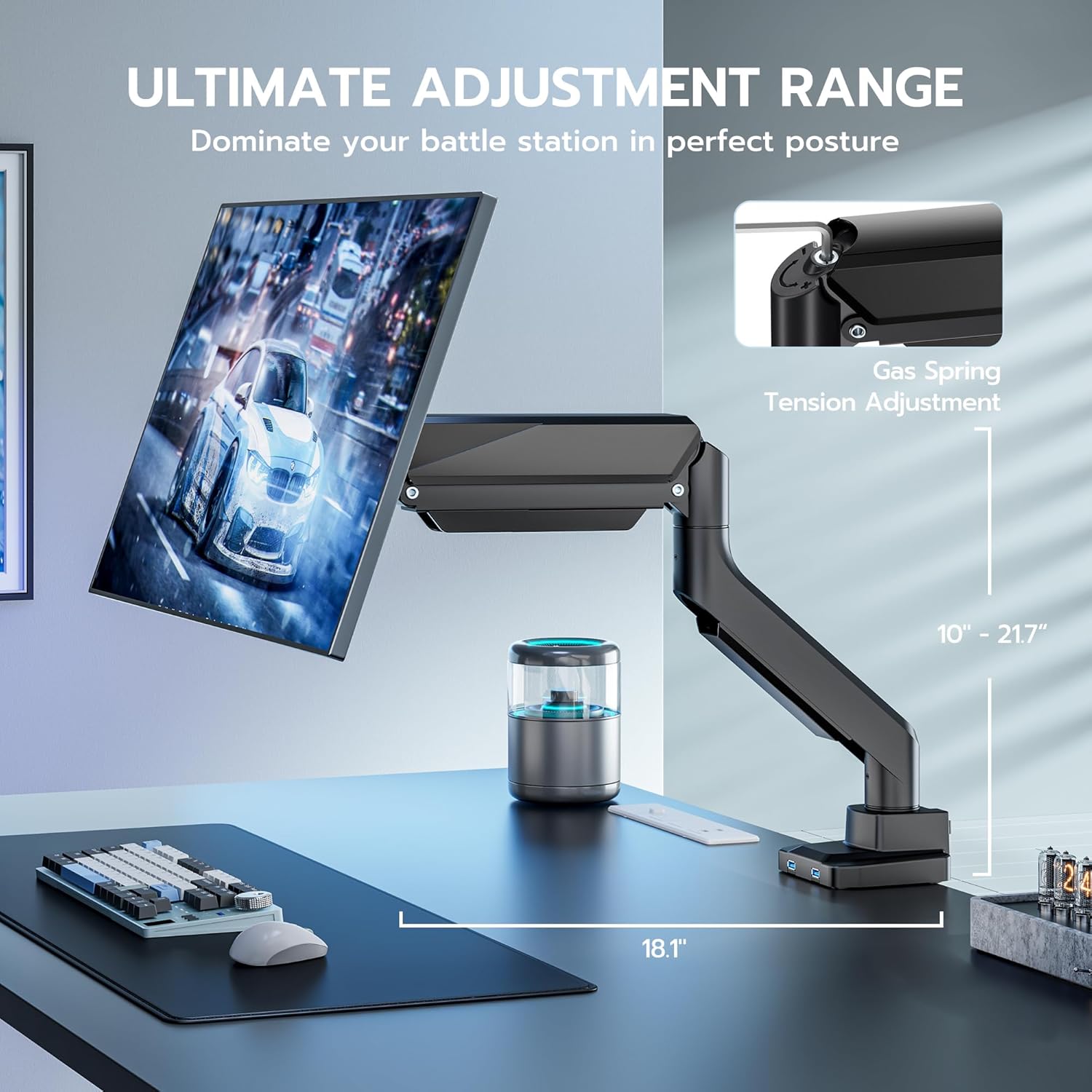 ARES WING Single Monitor Arm, Heavy Duty Adjustable Monitor Arm for 13"-49" Screens with USB, Gas Spring Desk Mount Stand with C Clamp/Grommet Mounting Base up to 40lbs Computer, Black