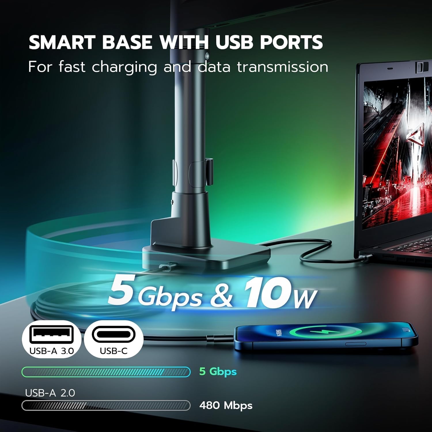 ARES WING Heavy Duty Monitor Arm with USB A/C, Tall Ultrawide Monitor Arm for 17 to 49 Inch Screen, Holds 44 Lbs, Adjustable Gas Spring Desk Mount, Black