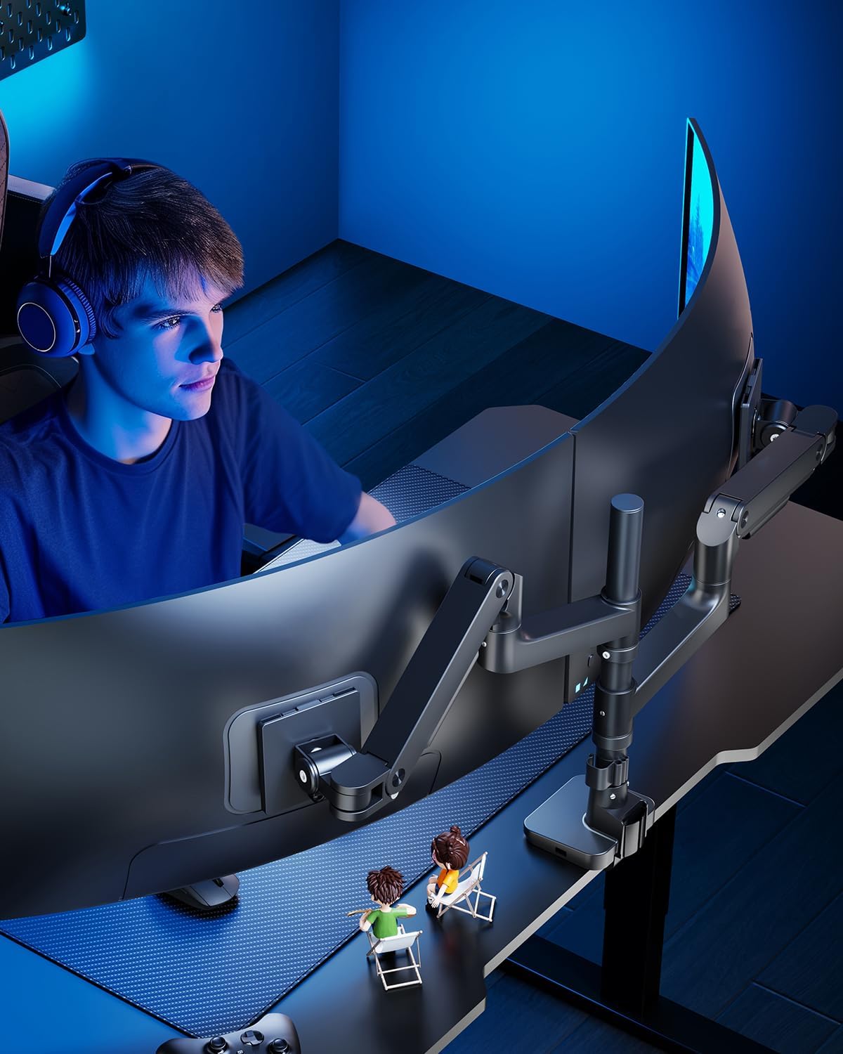 ARES WING Dual Monitor Stand for Ultrawide Heavy Duty Curved Monitor Stacking, Fits 17-49 Inch, Vertical Gas Spring Double Monitor Mount with USB, Adjustable Dual Monitor Mount for Desk, Black