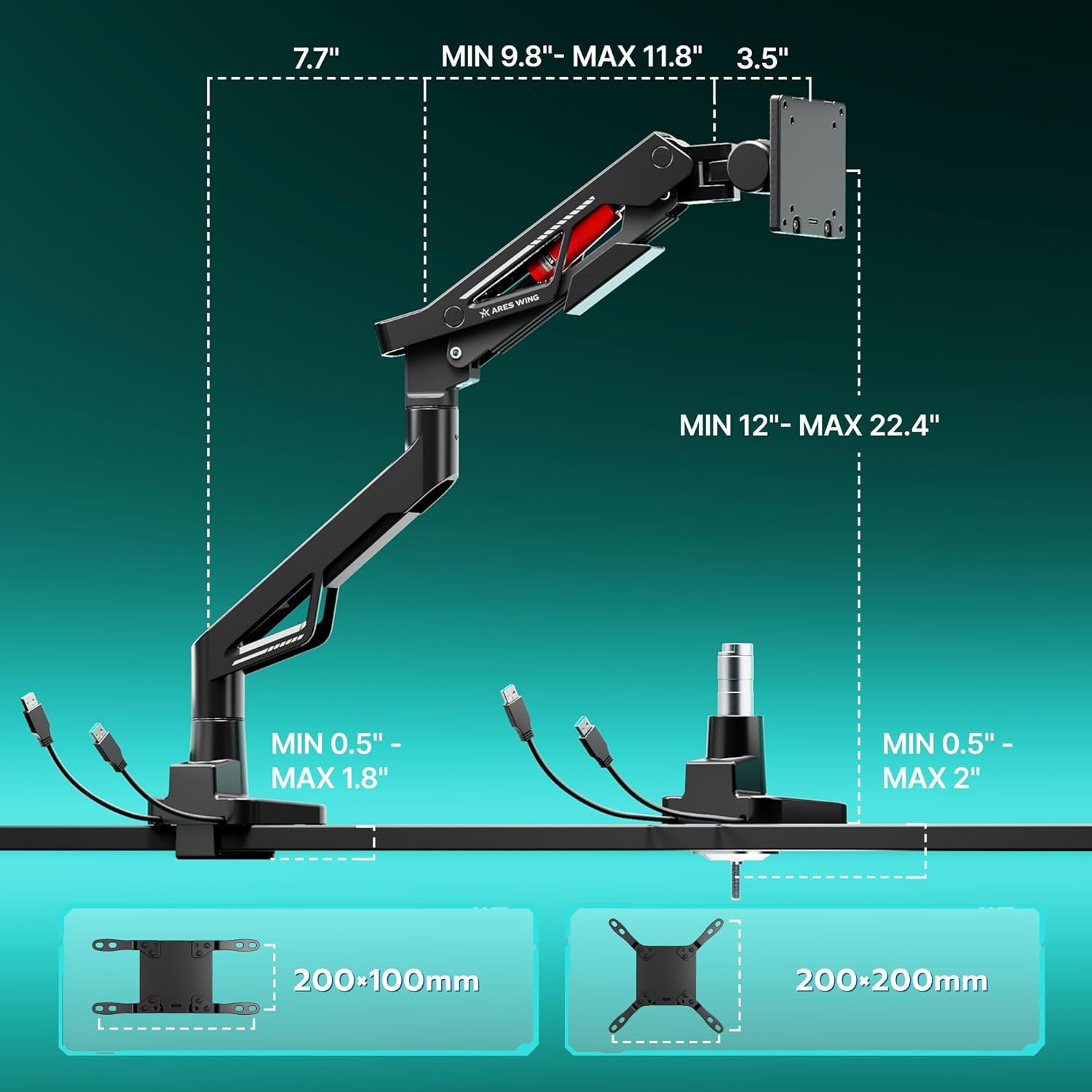ARES WING Premium Monitor Arm, Ultrawide Monitor Stand up to 57“ and 66 Lbs, Gas Sprinq Monitor Mount with USB, Height Adjustable Arms Monitor Stand, Various VESA Mount with Clamp/Grommet Base