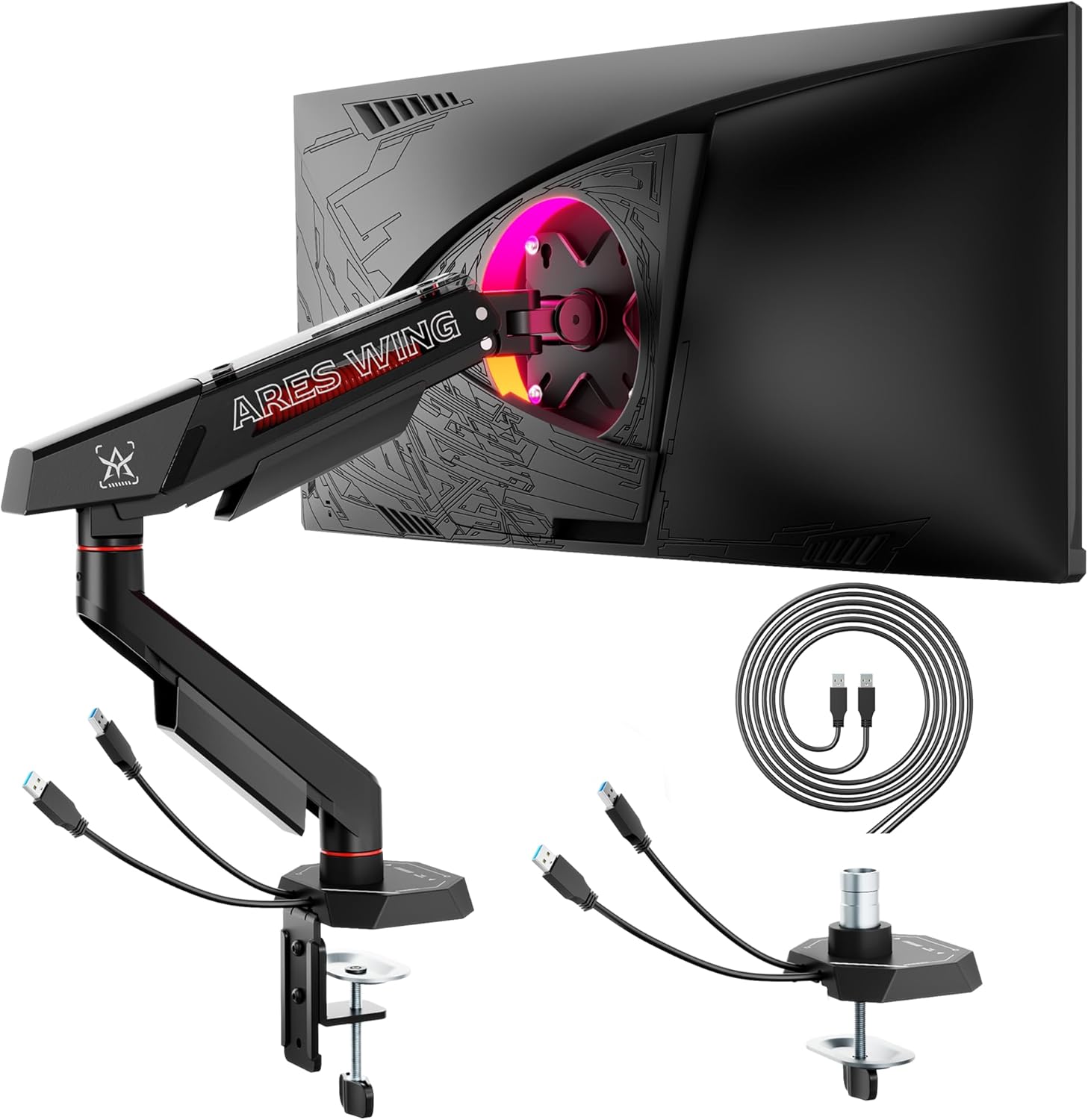 ARES WING Heavy Duty Single Monitor Arm, Fully Adjustable Single Monitor Mount for 17-40 Inch Flat Curved Ultrawide Screens Up to 26.5lbs with USB A/C, C-Clamp & Grommet Base, 75/100 Vesa Mount, Black