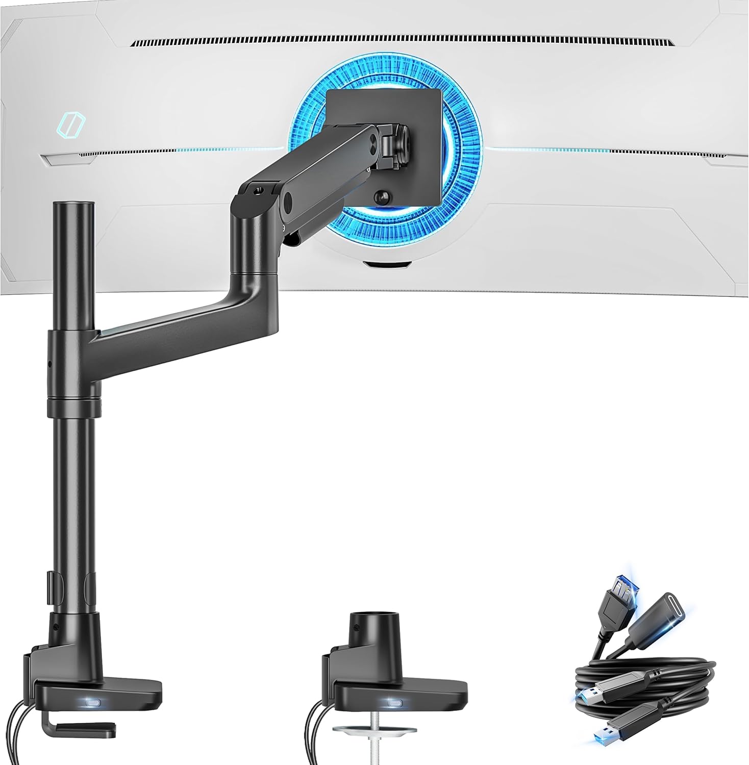 ARES WING Heavy Duty Monitor Arm with USB A/C, Tall Ultrawide Monitor Arm for 17 to 49 Inch Screen, Holds 44 Lbs, Adjustable Gas Spring Desk Mount, Black