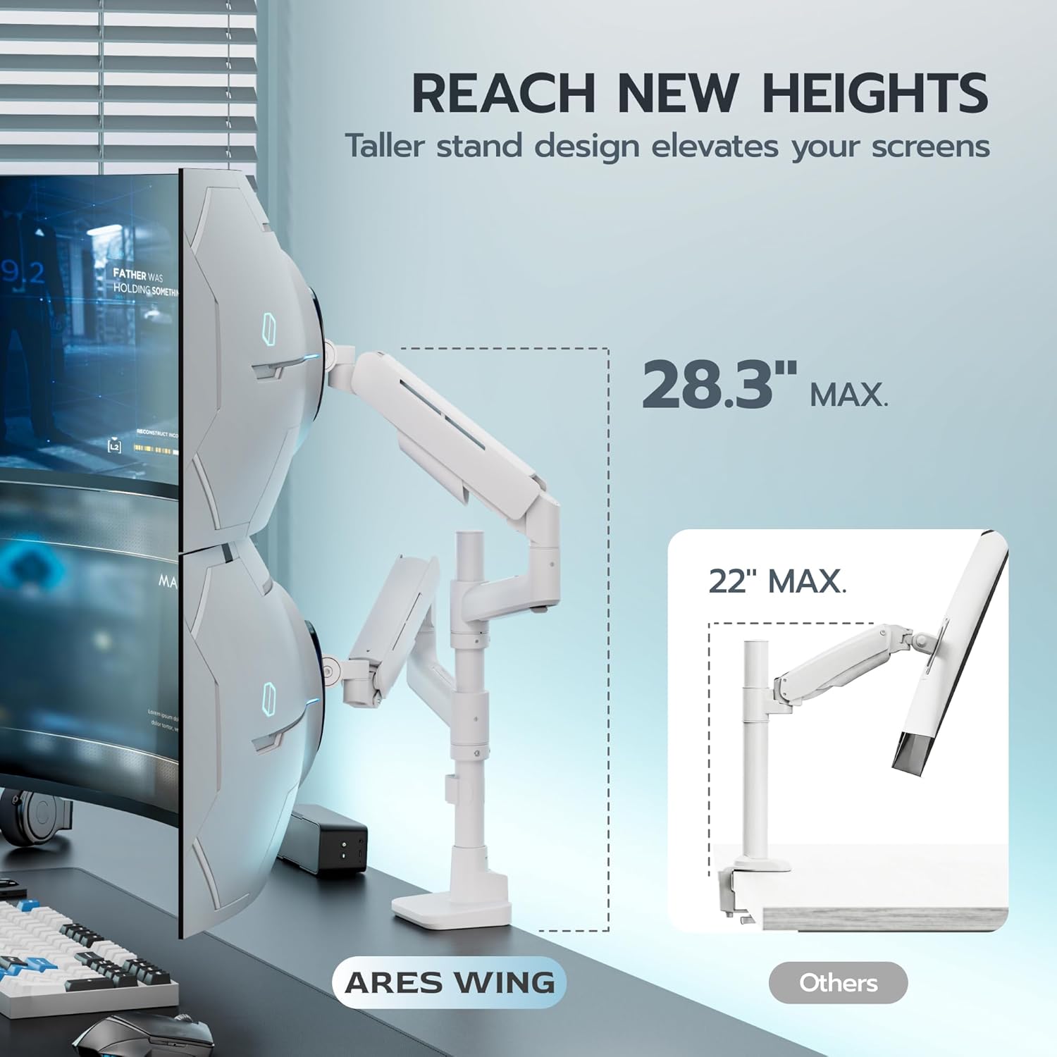 ARES WING Dual Monitor Mount for 17-49 Inch Ultrawide Heavy Duty Curved Screen, Computer Monitor Arm Desk Mount, Gas Spring Adjustable Dual Monitor Stand for Desk, White