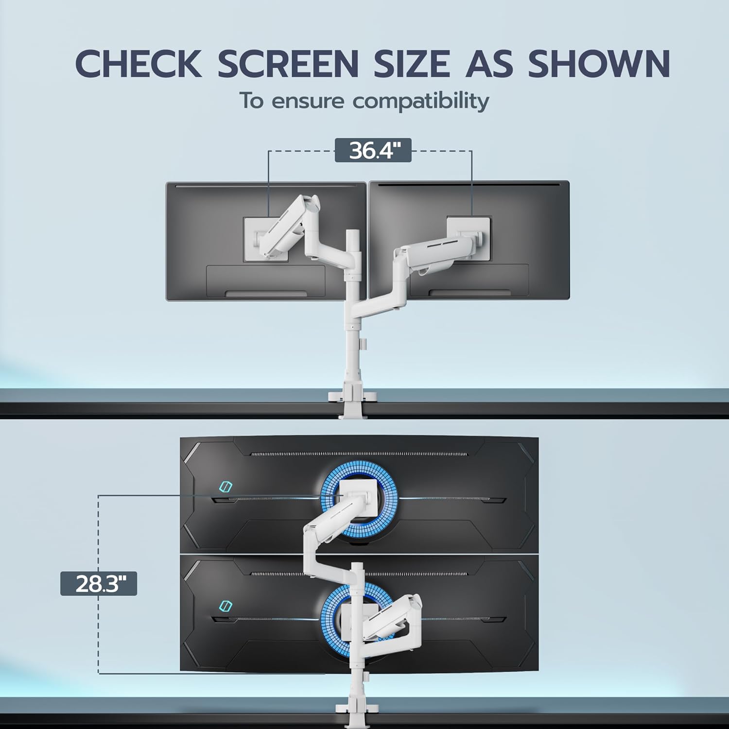 ARES WING Dual Monitor Mount for 17-49 Inch Ultrawide Heavy Duty Curved Screen, Computer Monitor Arm Desk Mount, Gas Spring Adjustable Dual Monitor Stand for Desk, White