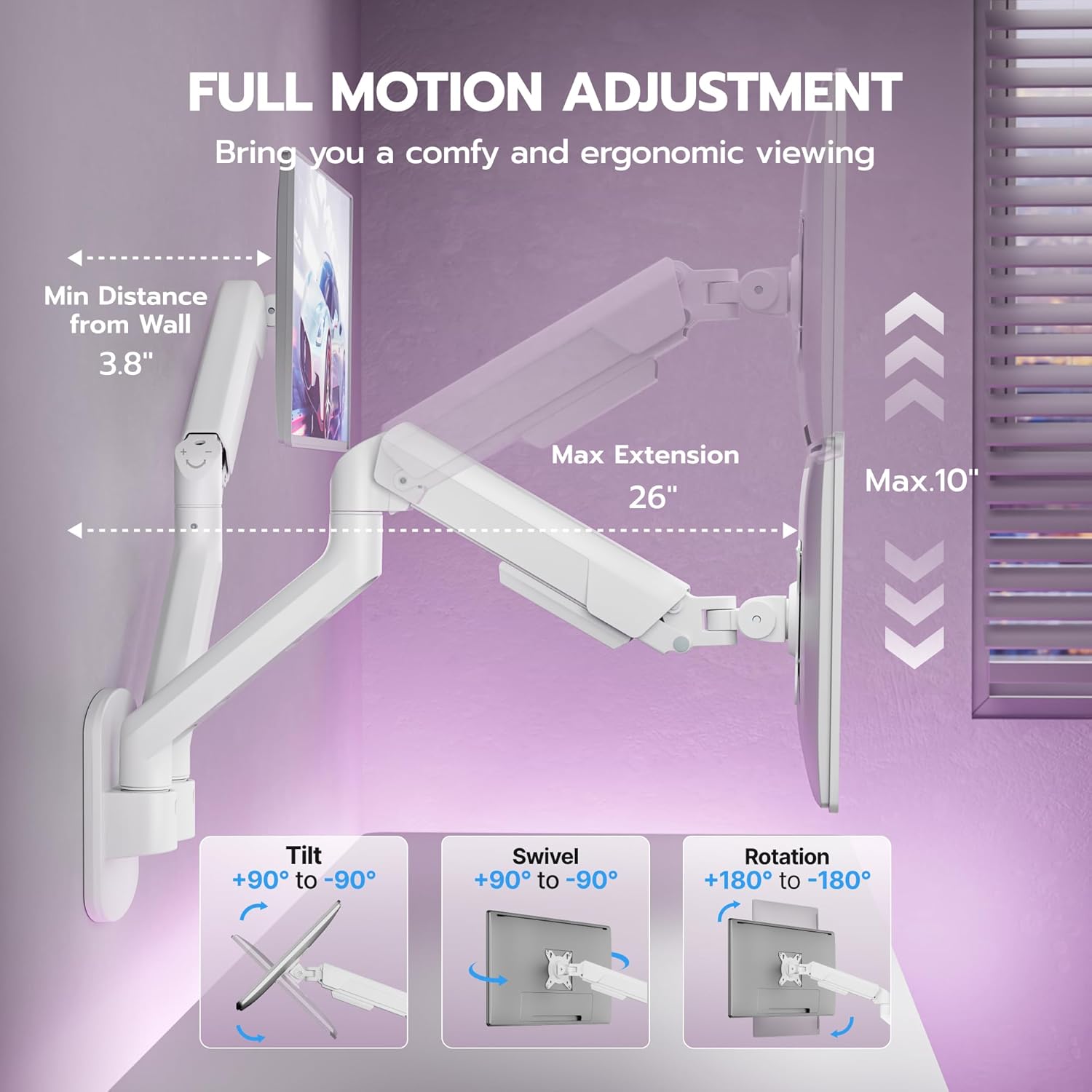 ARES WING Dual Monitor Wall Mount for 17-35 Inch Ultrawide Screens, Heavy Duty Monitor Arm Up to 26.4 lbs, Fully Adjustable Wall Mount, VESA 75x75/100x100 Compatible, White