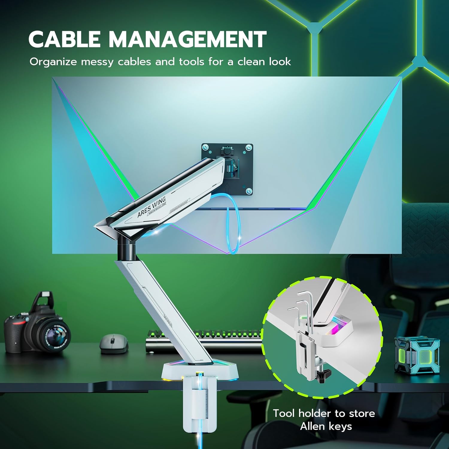 ARES WING RGB Single Monitor Arm Desk Mount for 17-45 inches Flat and Curved Monitors, Holds 35.2 lbs Heavy Duty, Adjustable Ultrawide Monitor Arm with Clamp & Grommet Base, 75/100 VESA Mount, White