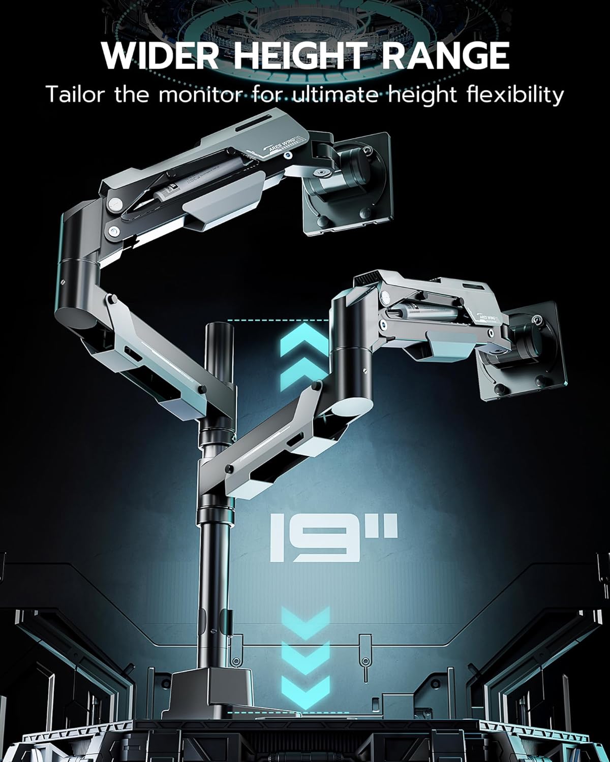 ARES WING Dual Monitor Mount, Adjustable Stacked Monitor Stand with USB A/C, Heavy Duty Gas Spring Monitor Desk Stand for 2 Monitors for 24-57 Inch Ultrawide Screen, 75/100/200 Vesa Mount, Black